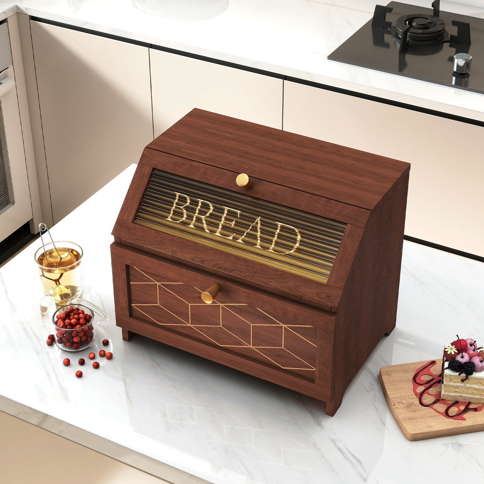 HLR Large Bread Box, Wood 2-layer Bread Box Storage for Kitchen Counter, with Bar Pattern Windows, Brown