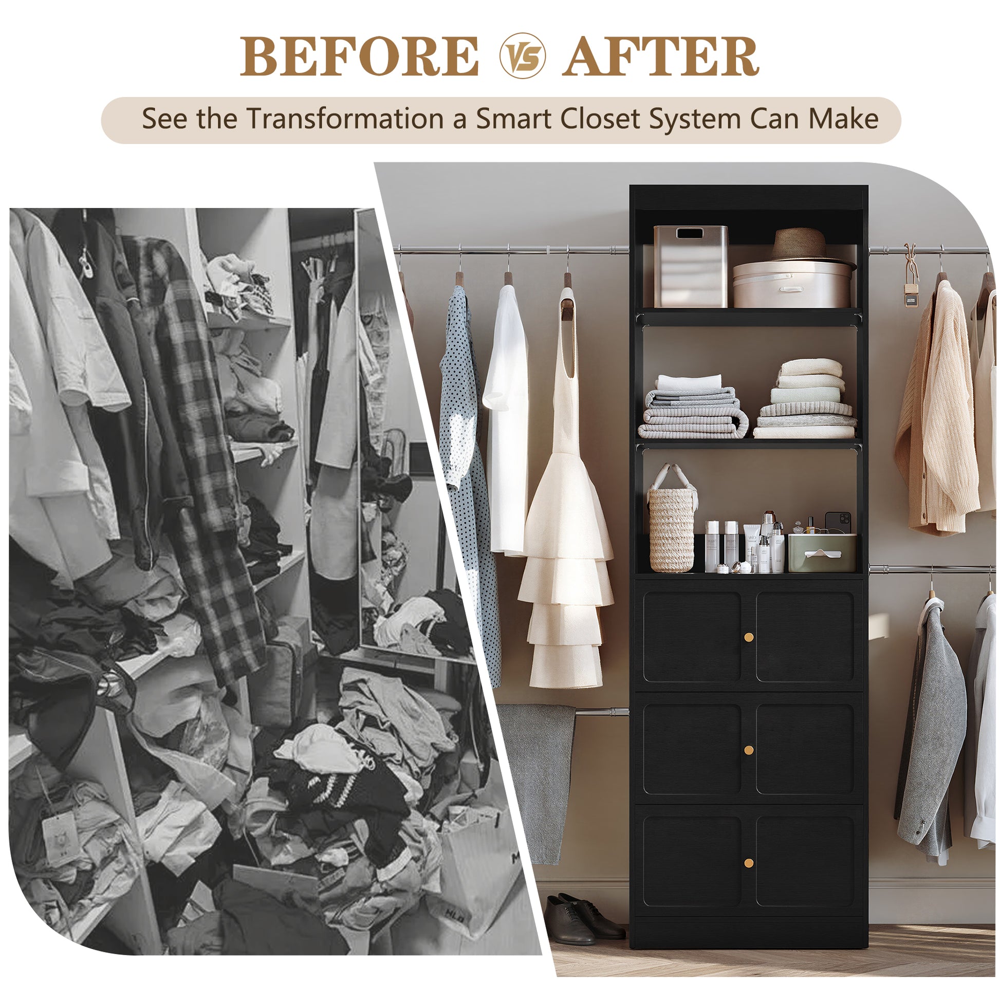HLR Open Wardrobe Closet System with Adjustable Hanging Rods, Storage Cabinet with Drawers and Shelves, Black