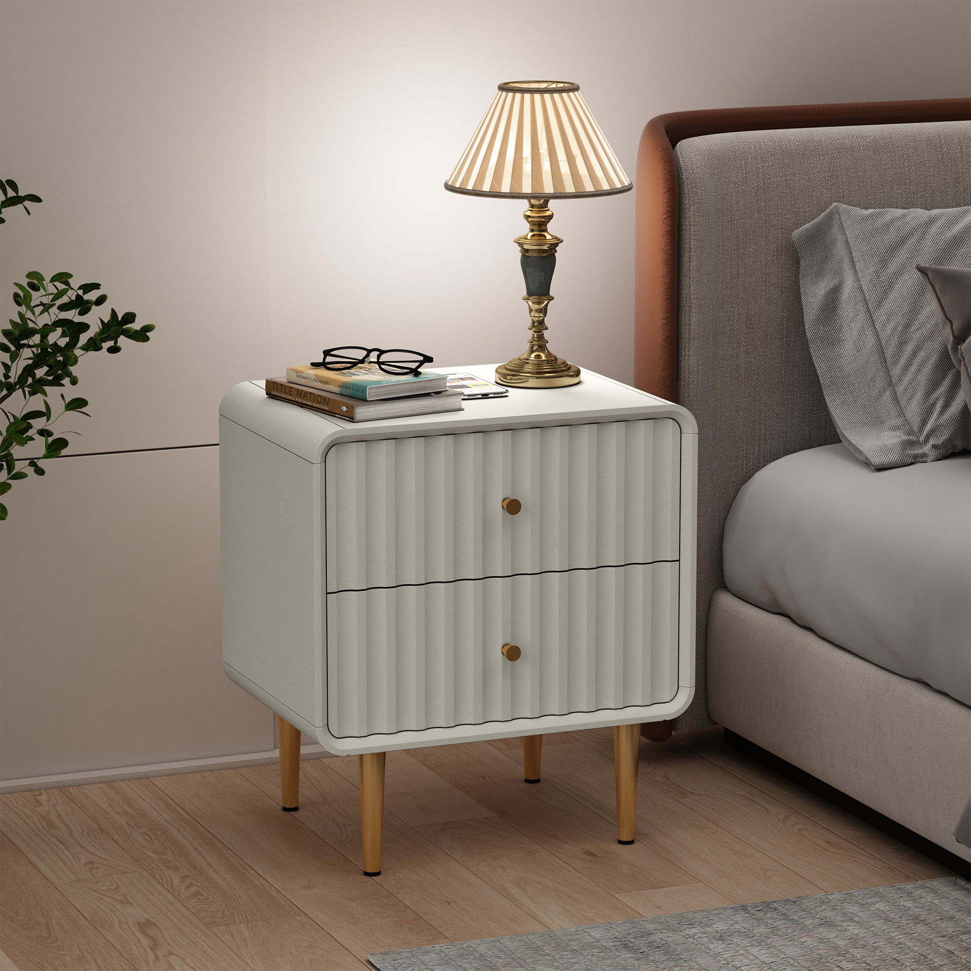 CBJCBJ Modern Bedroom Nightstand Set of 2, 20-Inch Wood Bedside Table with 2 Drawers and Gold Handles