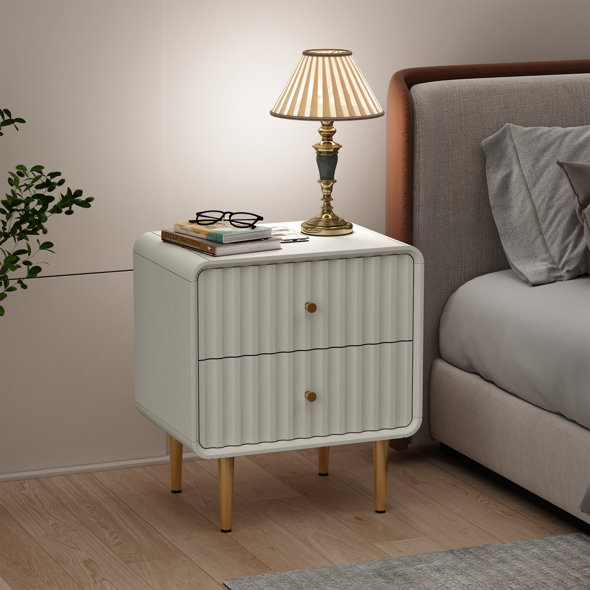 CBJCBJ 20" Modern Fluted Nightstand Set of 1, black Wood Bedside Table with 2 Drawers & Gold Metal Handles