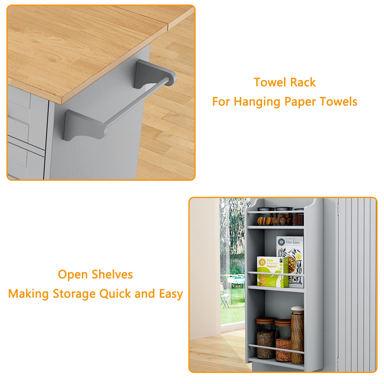 HLR 50.39" Kitchen Island with Storage, Wood Top Cart with Drop Leaf and Wheels, Gray