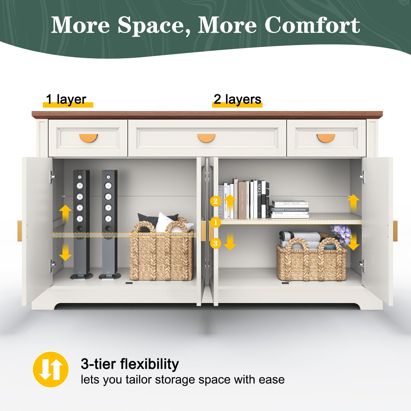 HLR® 60” Large Mid-Century Buffet Sideboard Cabinet