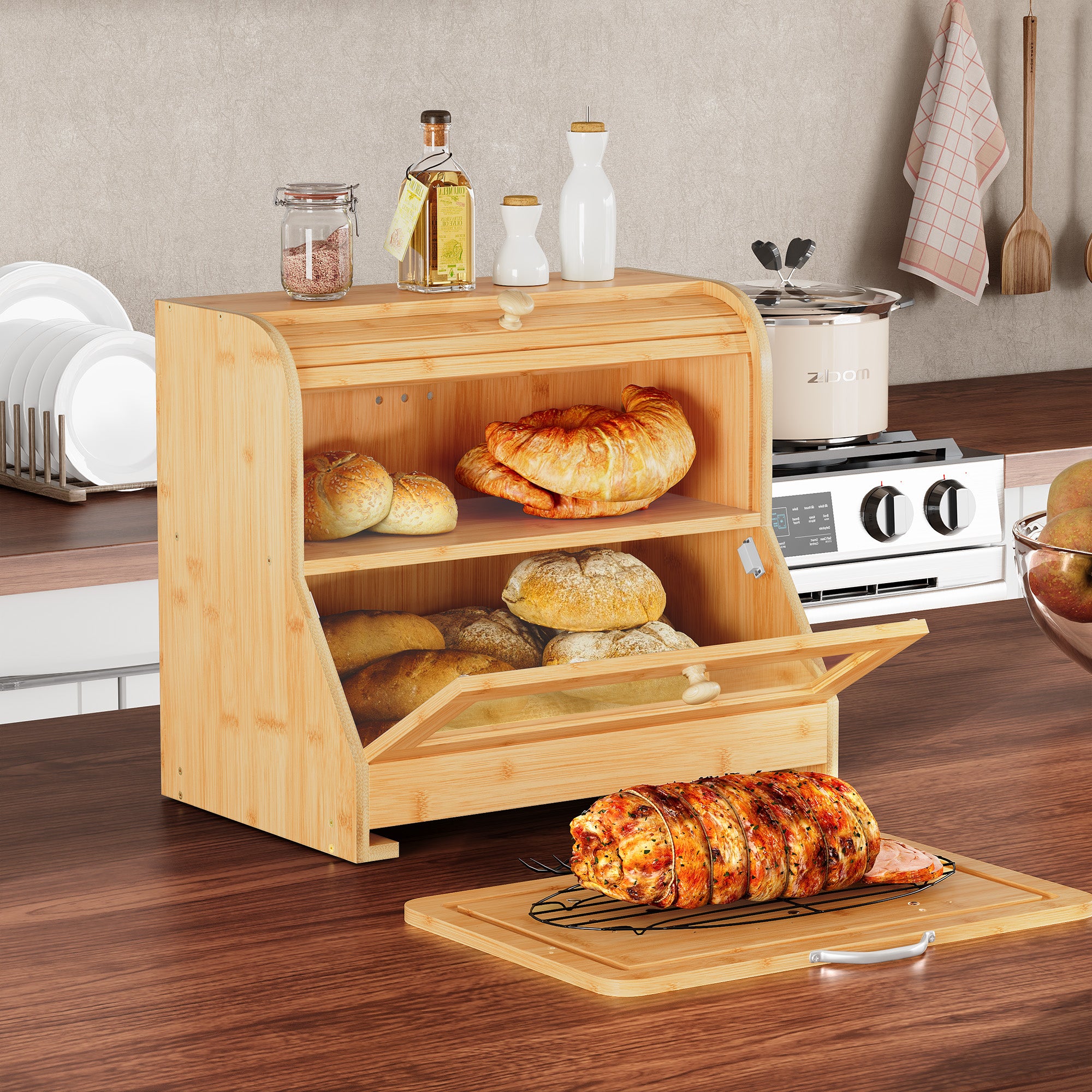 HLR Natural Bamboo Bread Box Kitchen Countertop with Cutting Board and Roll Top, Brown 2-Tier Large Wood Bread Bin