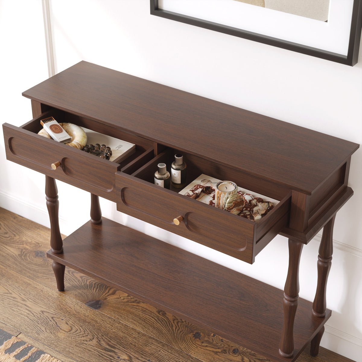 CBJCBJ Minimal Assembly Console Table, Entryway Table with 2 Drawers and Open Shelf, for Living Room, Brown