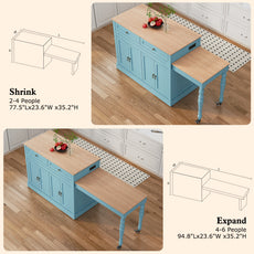 CBJCBJ Modern Extendable Kitchen Islands on Wheels with Power Outlet, Dining Table Cart with 4 Doors Storage,