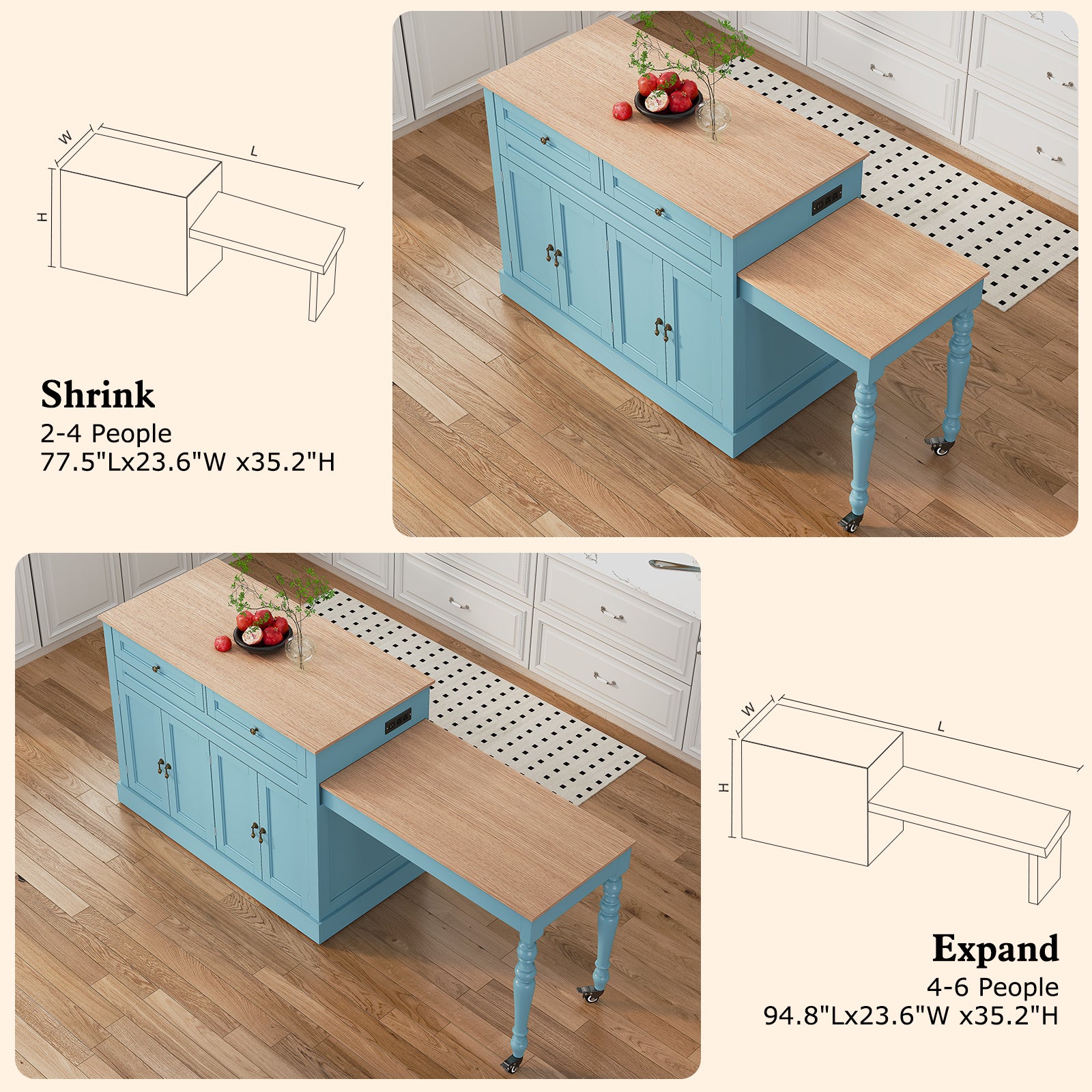 CBJCBJ Modern Extendable Kitchen Islands on Wheels with Power Outlet, Dining Table Cart with 4 Doors Storage,