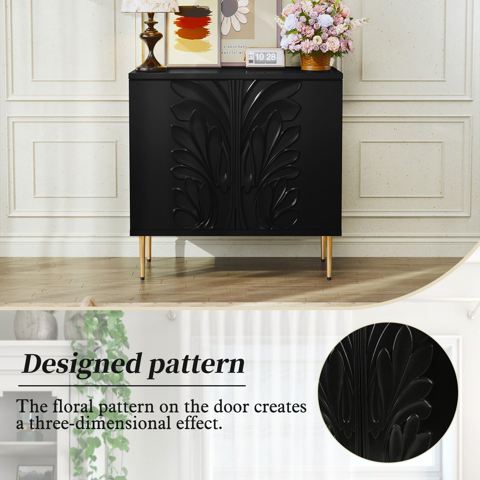 CBJCBJ Morden Floral 2 Doors Storage Cabinet Credenzas & Buffet Sideboards with Adjustable, Black
