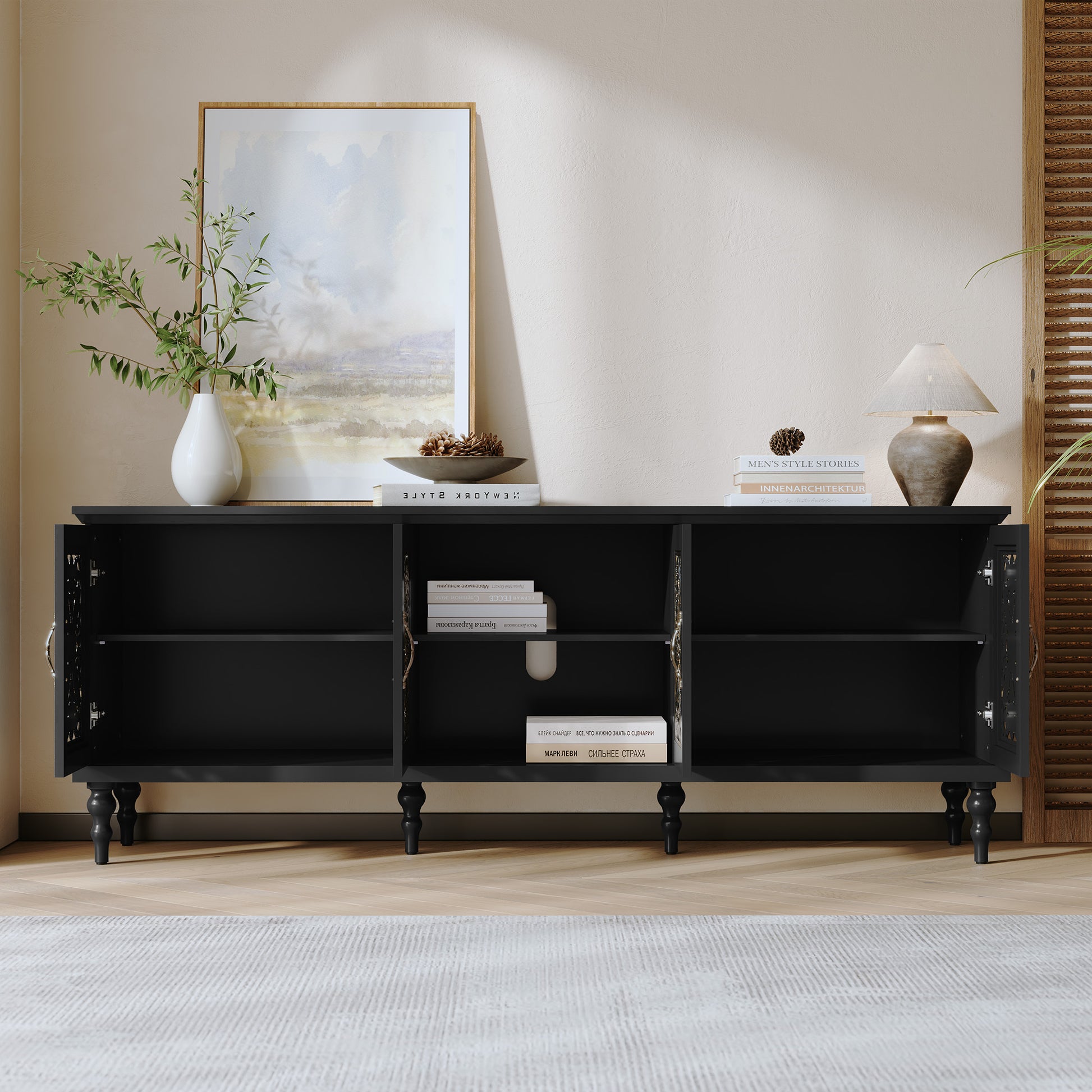 HLR Retro 67" TV Stand, for TVs up to 75", Living Room Entertainment Center with Carved Storage Cabinet, Black