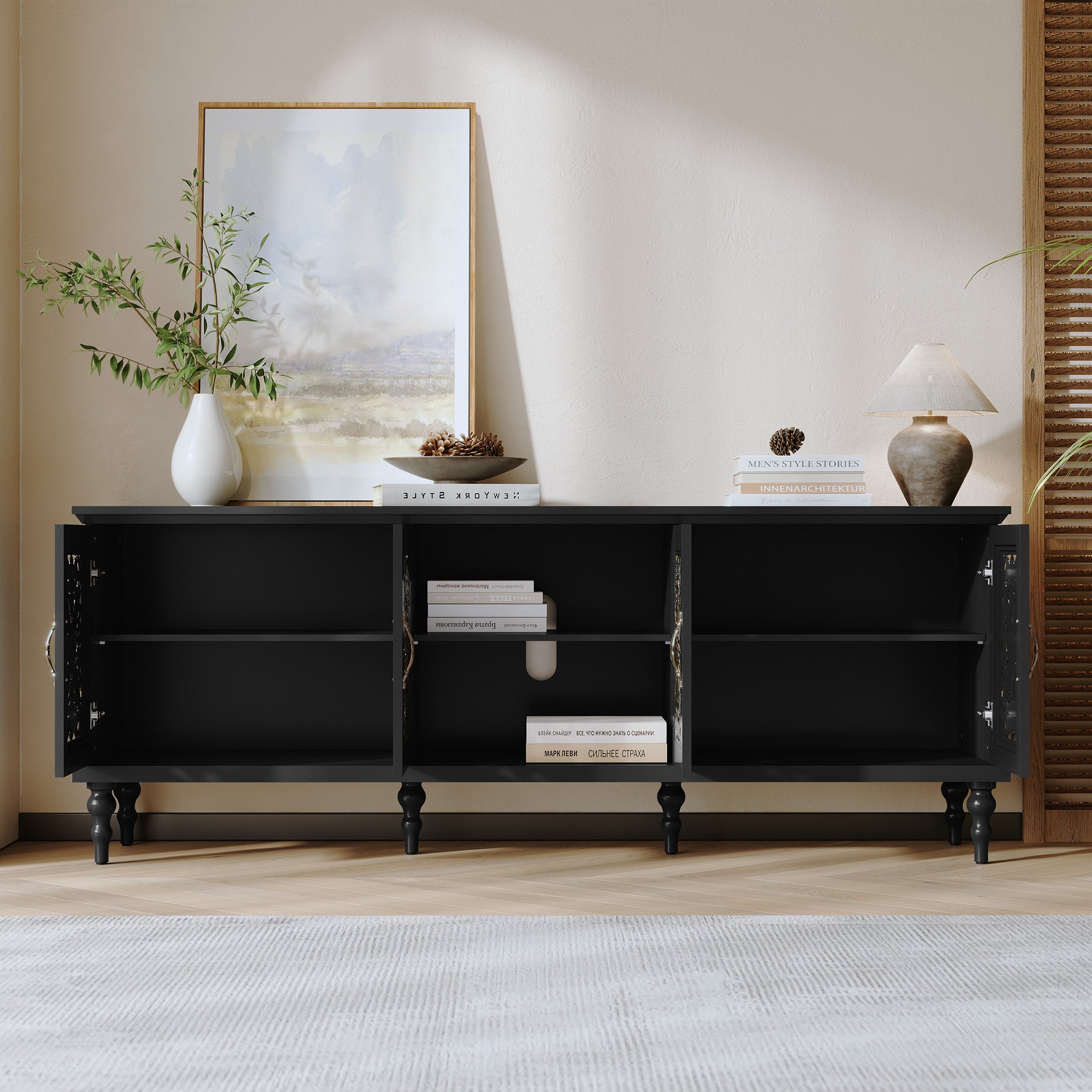 HLR Retro 67" TV Stand, for TVs up to 75", Living Room Entertainment Center with Carved Storage Cabinet, Black