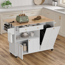 HLR Mid-Century 60" Kitchen Island with Trash Can Storage, Rolling Island Table, White