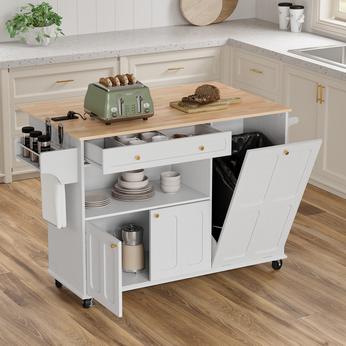 HLR Mid-Century 60" Kitchen Island with Trash Can Storage, Rolling Island Table, White