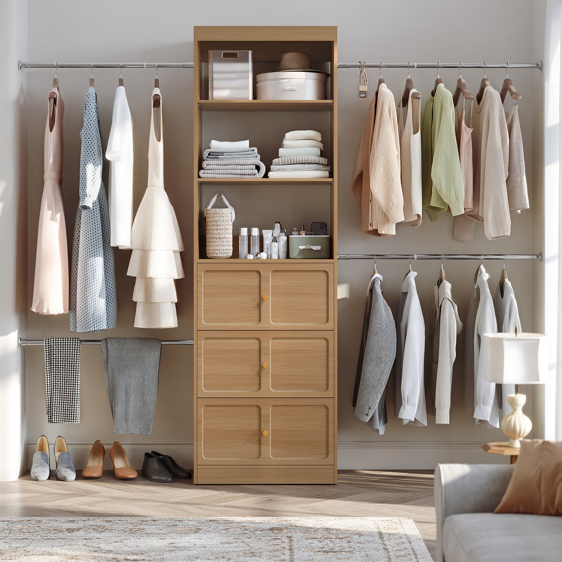 HLR Open Wardrobe Closet System with Adjustable Hanging Rods, Storage Cabinet with Drawers and Shelves,Brown