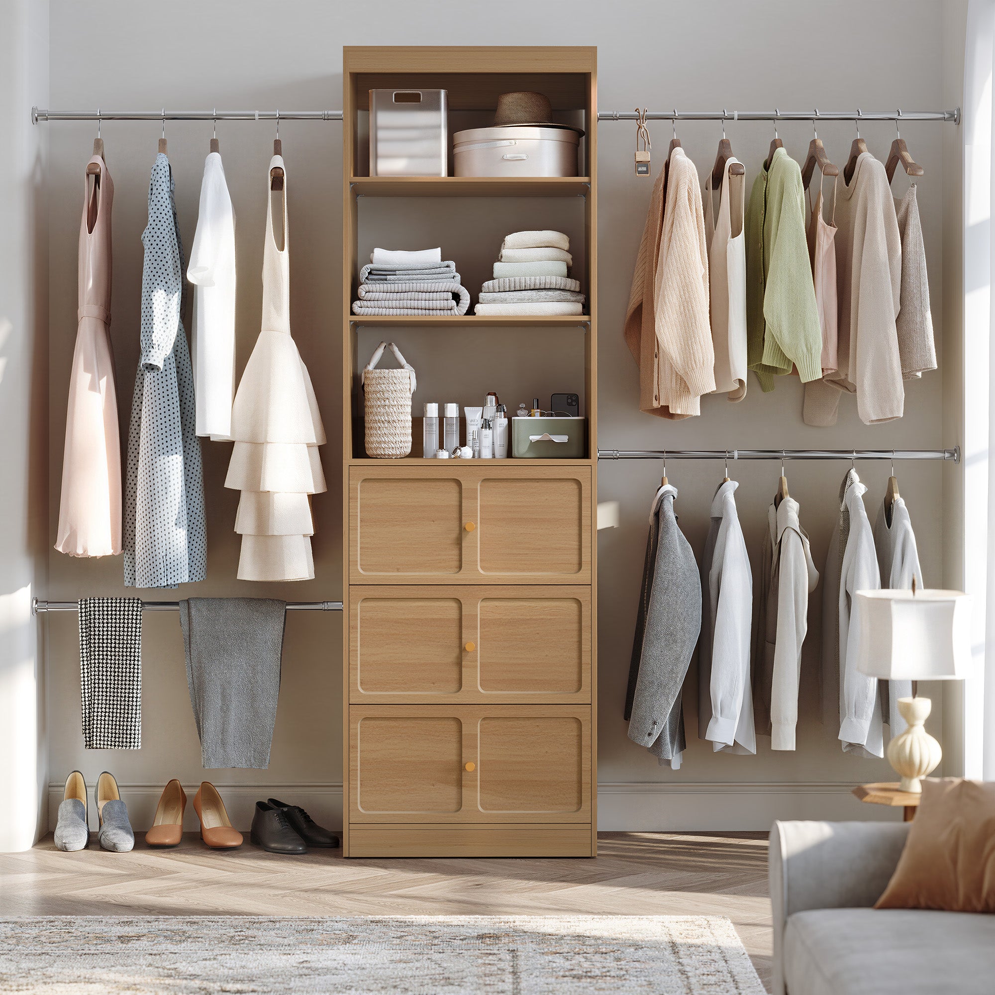 HLR Open Wardrobe Closet System with Adjustable Hanging Rods, Storage Cabinet with Drawers and Shelves,Brown