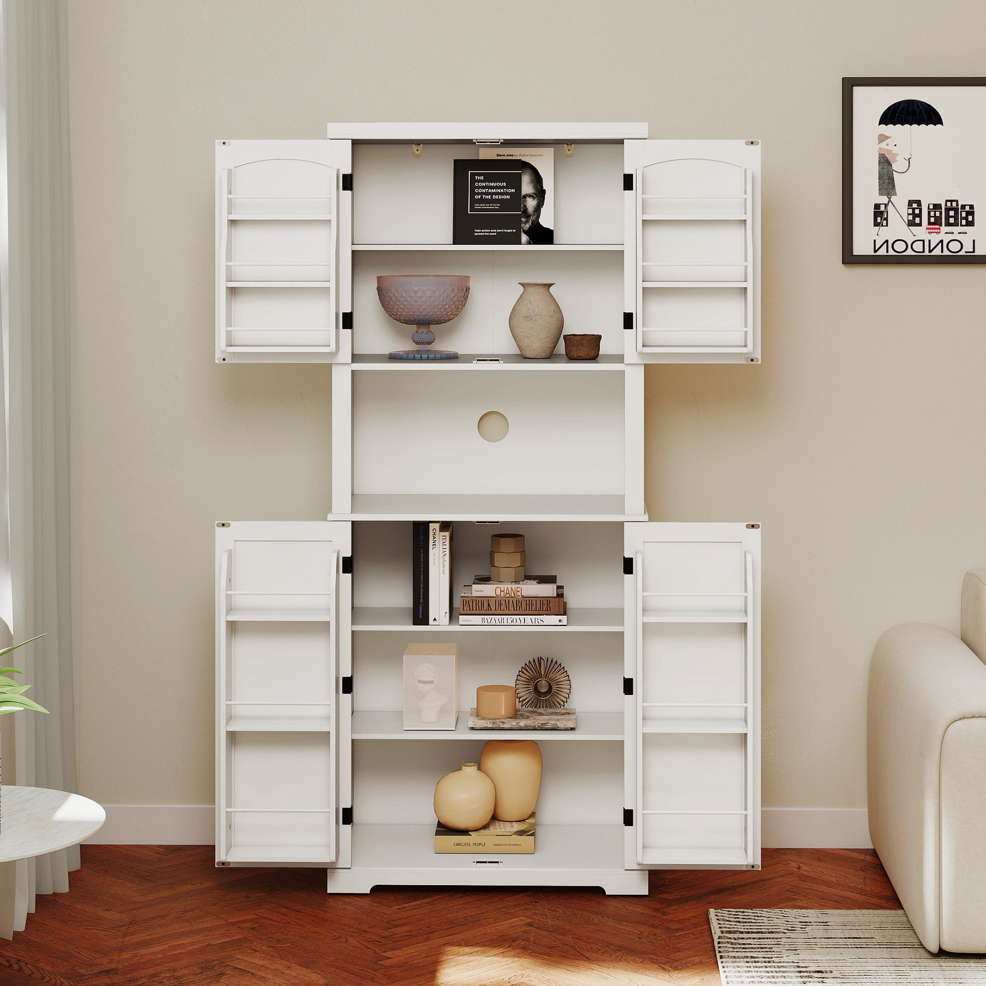 HLR 72" Kitchen Pantry Cabinet, Freestanding Pantry Storage Cabinet with Hutch & Shelves, White