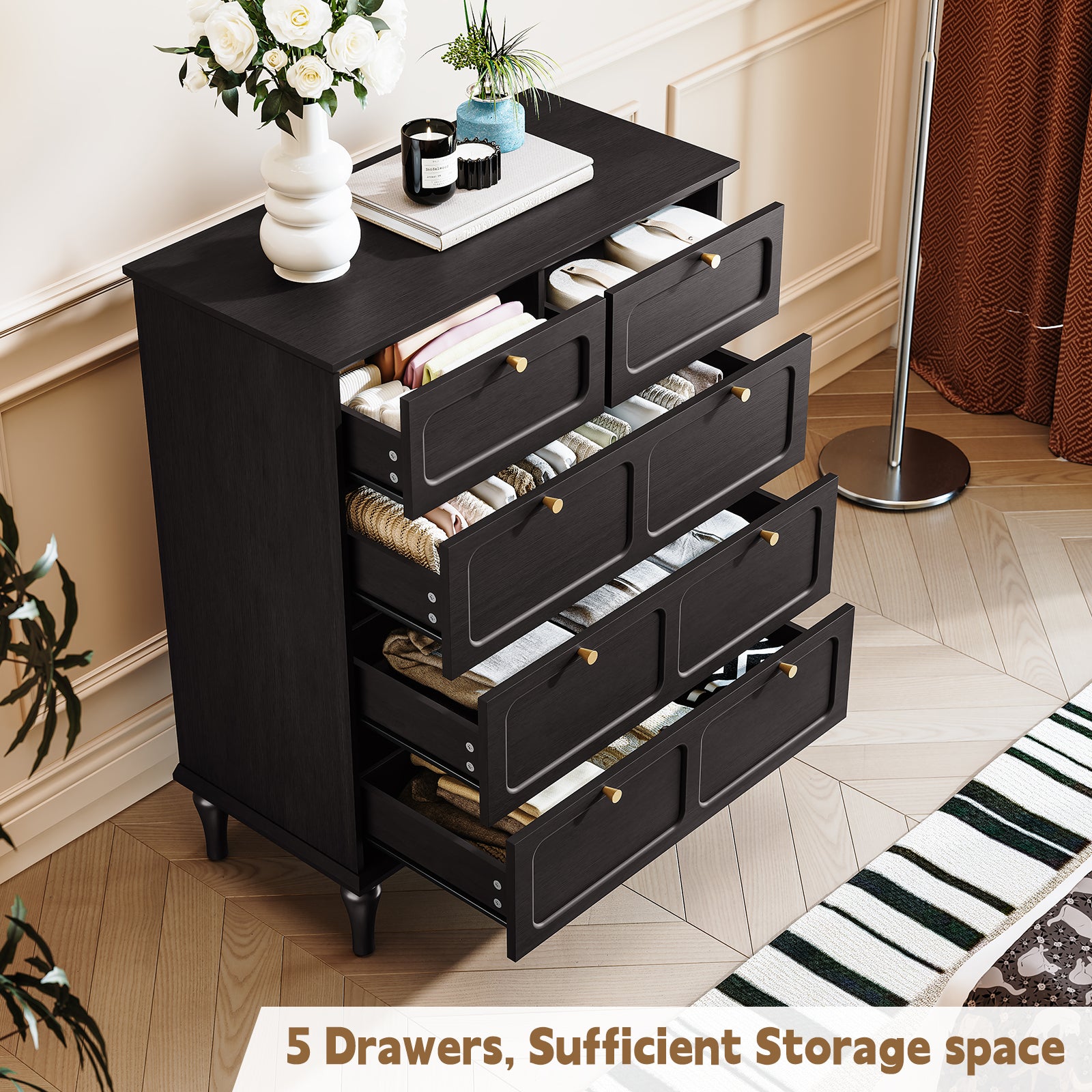 HLR 40" Mid-century 5 Drawer Dresser for Bedroom, Small Dressers & Chest of Drawers, Black