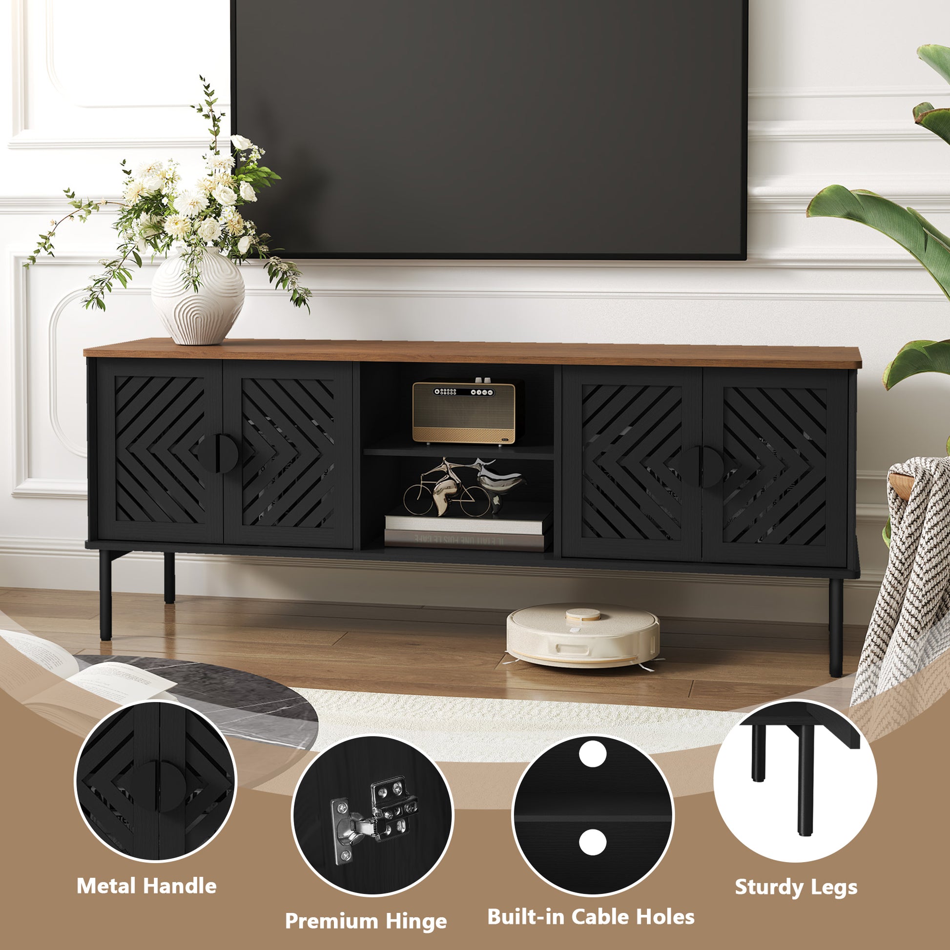 HLR Mid Century Modern 63" TV Stand for 75 inch TV with Storage, Entertainment Center for Living Room, Black