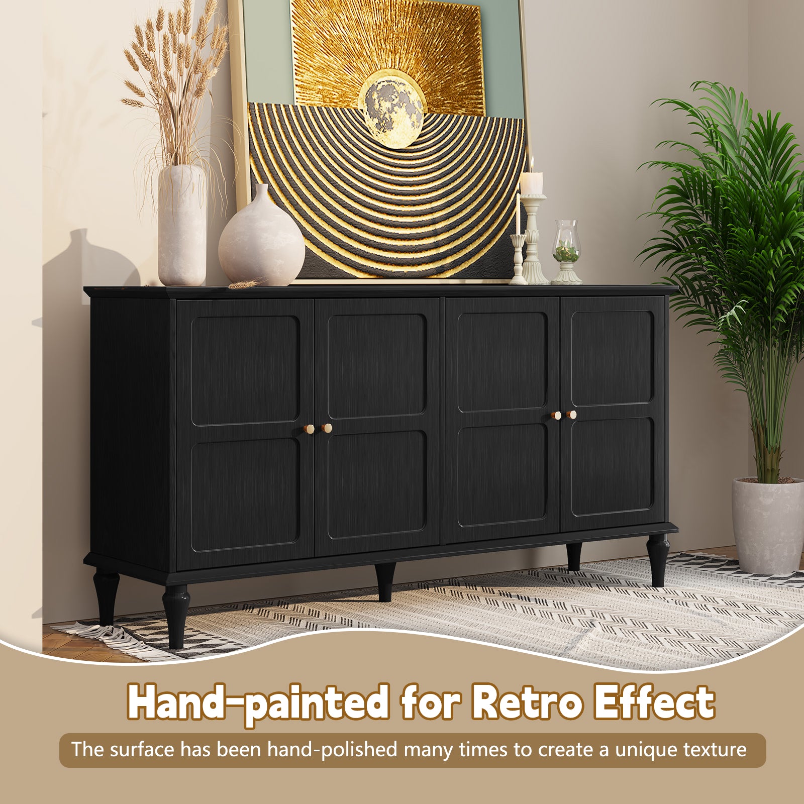 HLR Mid Century 58" Wood 4 Door Sideboard Buffet Cabinet with Storage for Living Dining (Black)