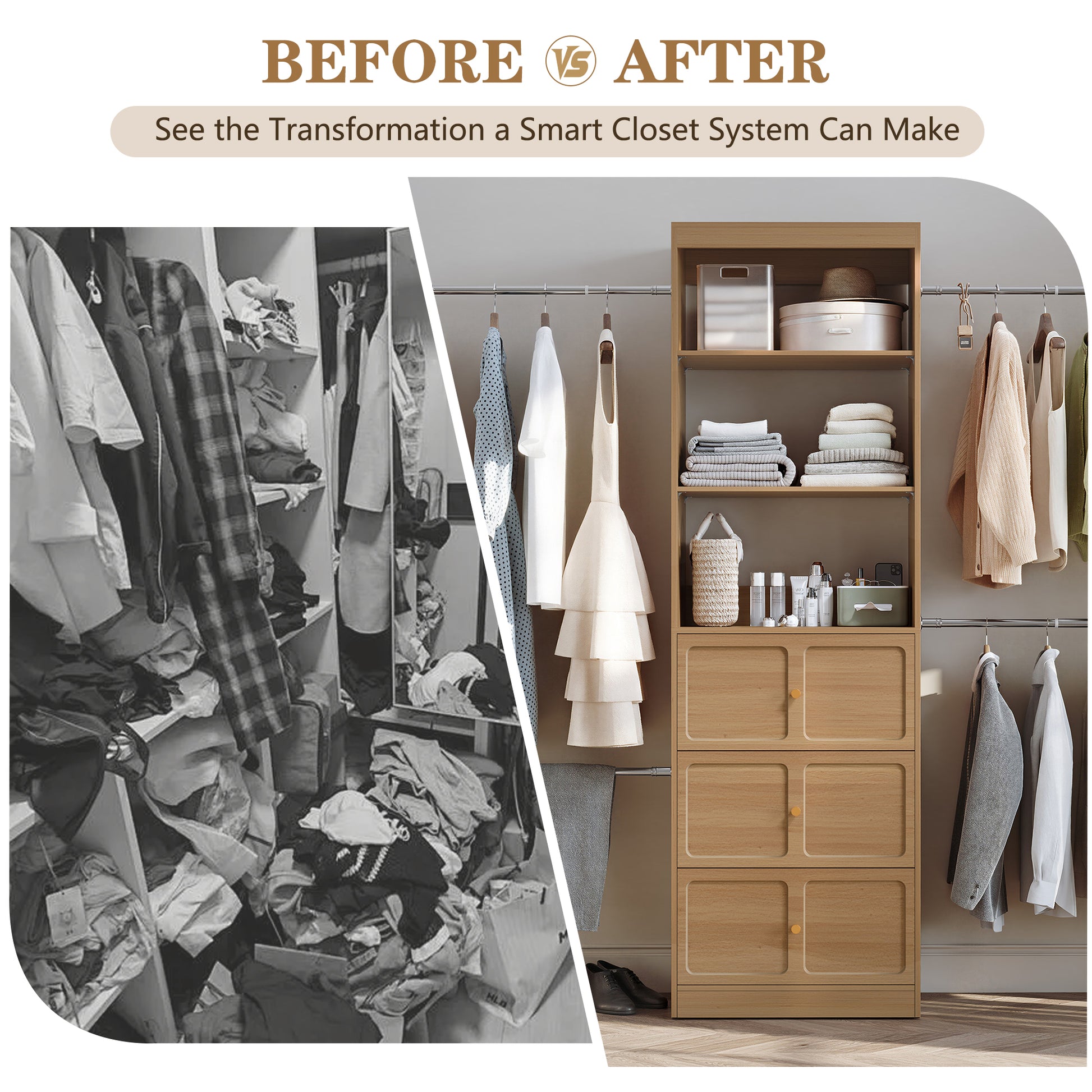 CBJCBJ 80"H Wood Closet Organizer System with 3 Drawers, 4 Hanging Rods, Wardrobe Clothes Rack for Bedroom,Wood