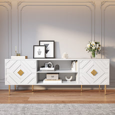 HLR Modern 70" TV Stand, for TVs up to 80", Living Room Entertainment Center with 4 Door Storage Cabinet, White