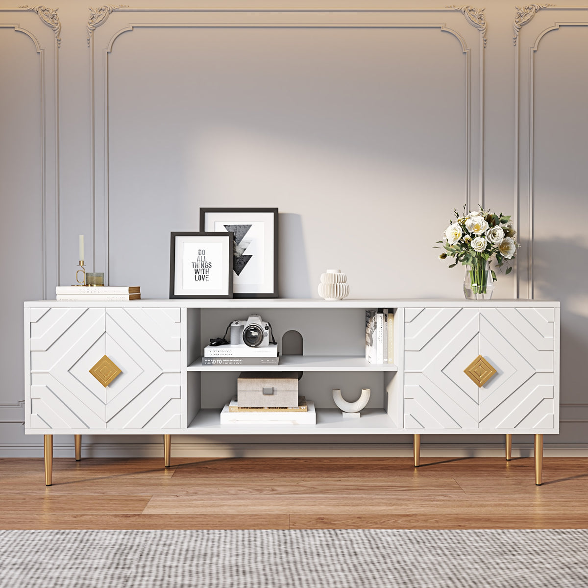 HLR Modern 70" TV Stand, for TVs up to 80", Living Room Entertainment Center with 4 Door Storage Cabinet, White