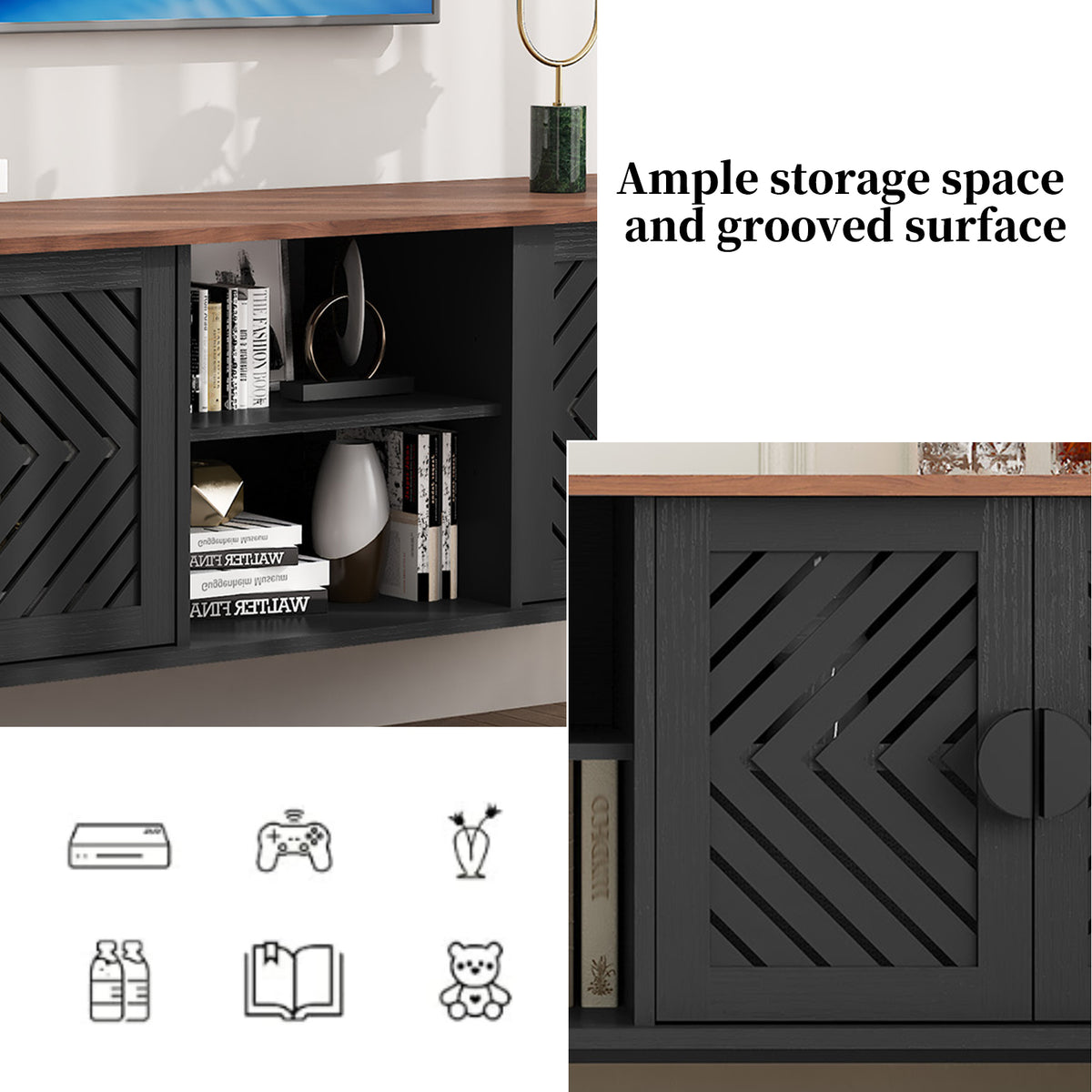 CBJCBJ Modern Mid Century 63" TV Stand for 70" TV with Storage, Entertainment Center for Living Room,Black