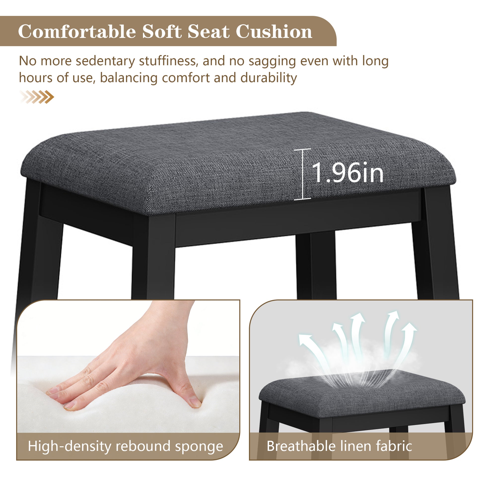 HLR 24.8" Bar Stools, Farmhouse Set of 2 Bar Chairs with Cushion for Kitchen, Dining Room, Cafe Black