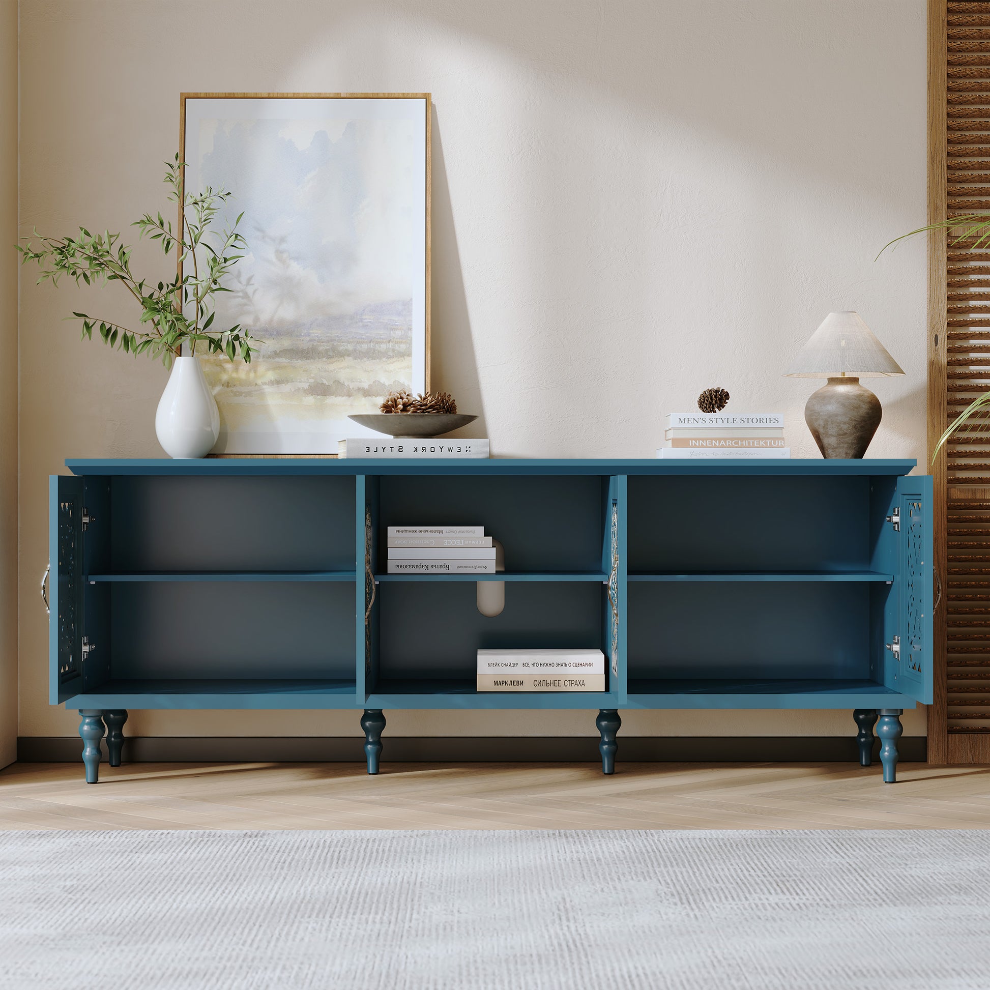 HLR Retro 67" TV Stand, for TVs up to 75", Living Room Entertainment Center with Carved Storage Cabinet, Blue