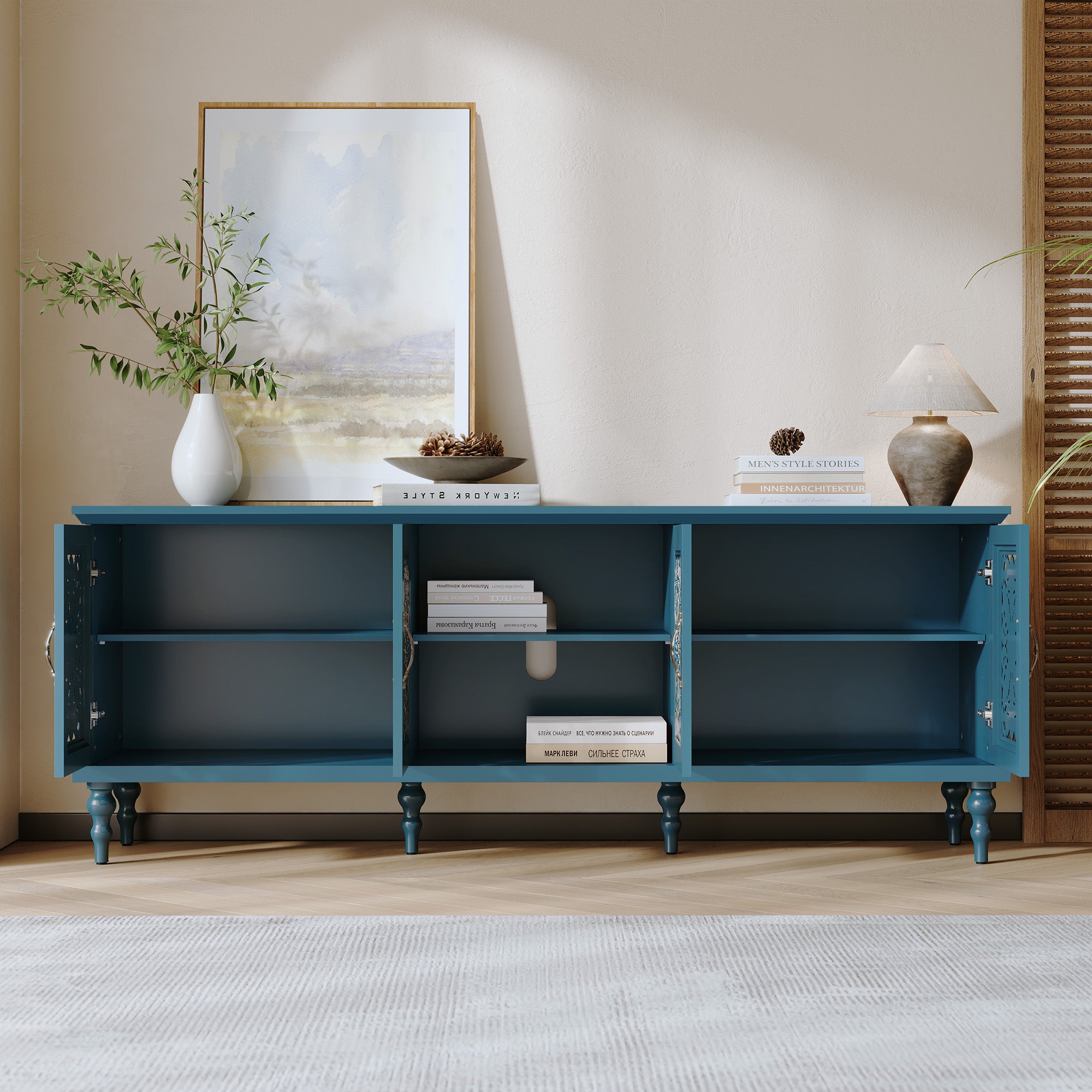 HLR Retro 67" TV Stand, for TVs up to 75", Living Room Entertainment Center with Carved Storage Cabinet, Blue
