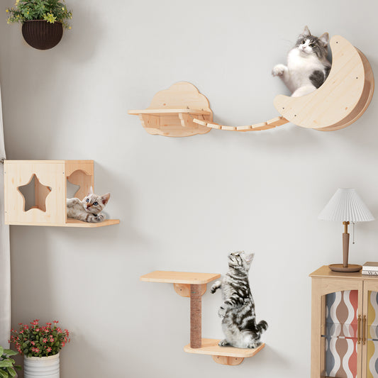 CBJCBJ Solid Wood Cat Wall Mounts Shelves Perches Set, Sleeping Playing Lounging Climbing Wall-mounted Cat Tree House for Multiple Cats, 5-Piece