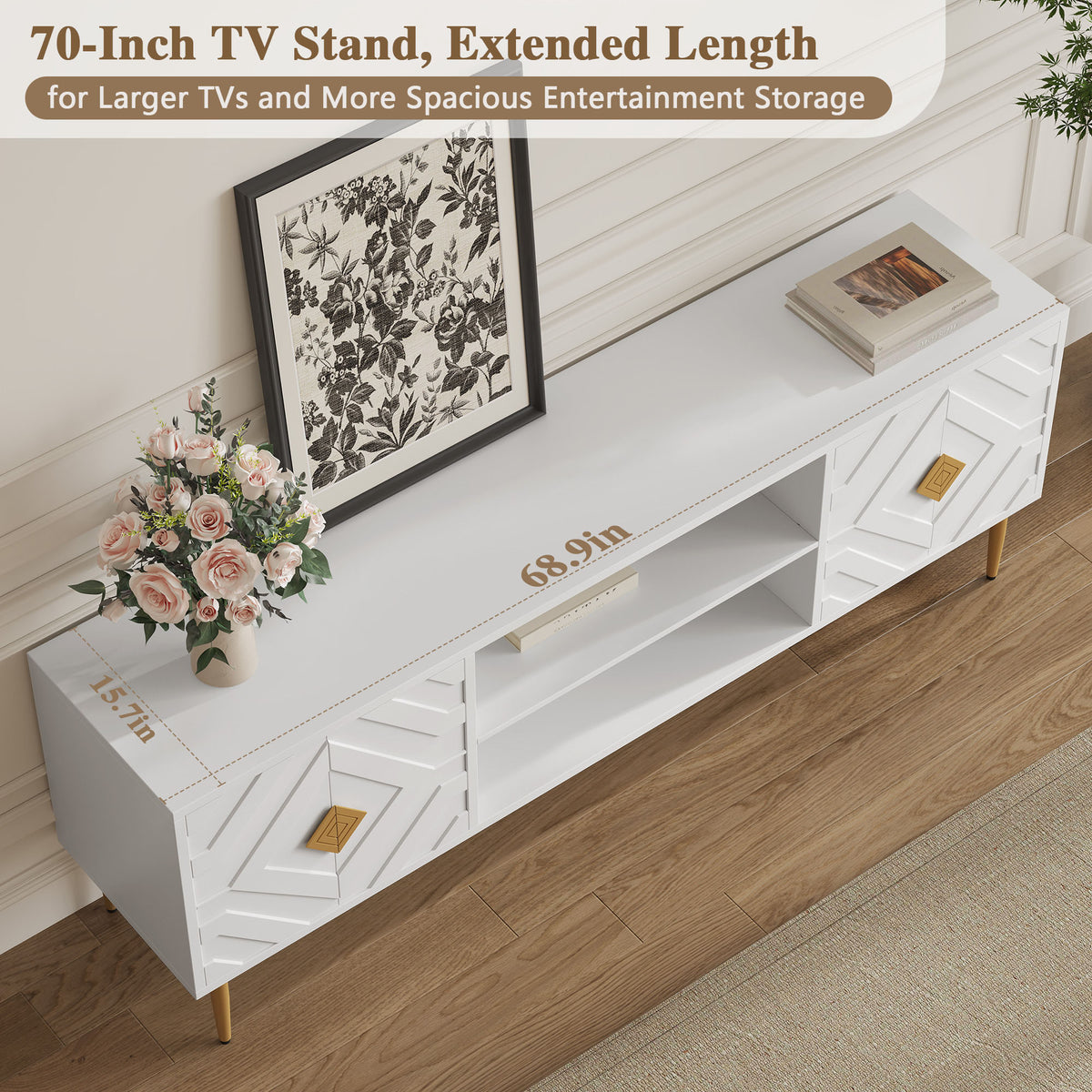 HLR Modern 70" TV Stand, for TVs up to 80", Living Room Entertainment Center with 4 Door Storage Cabinet, White