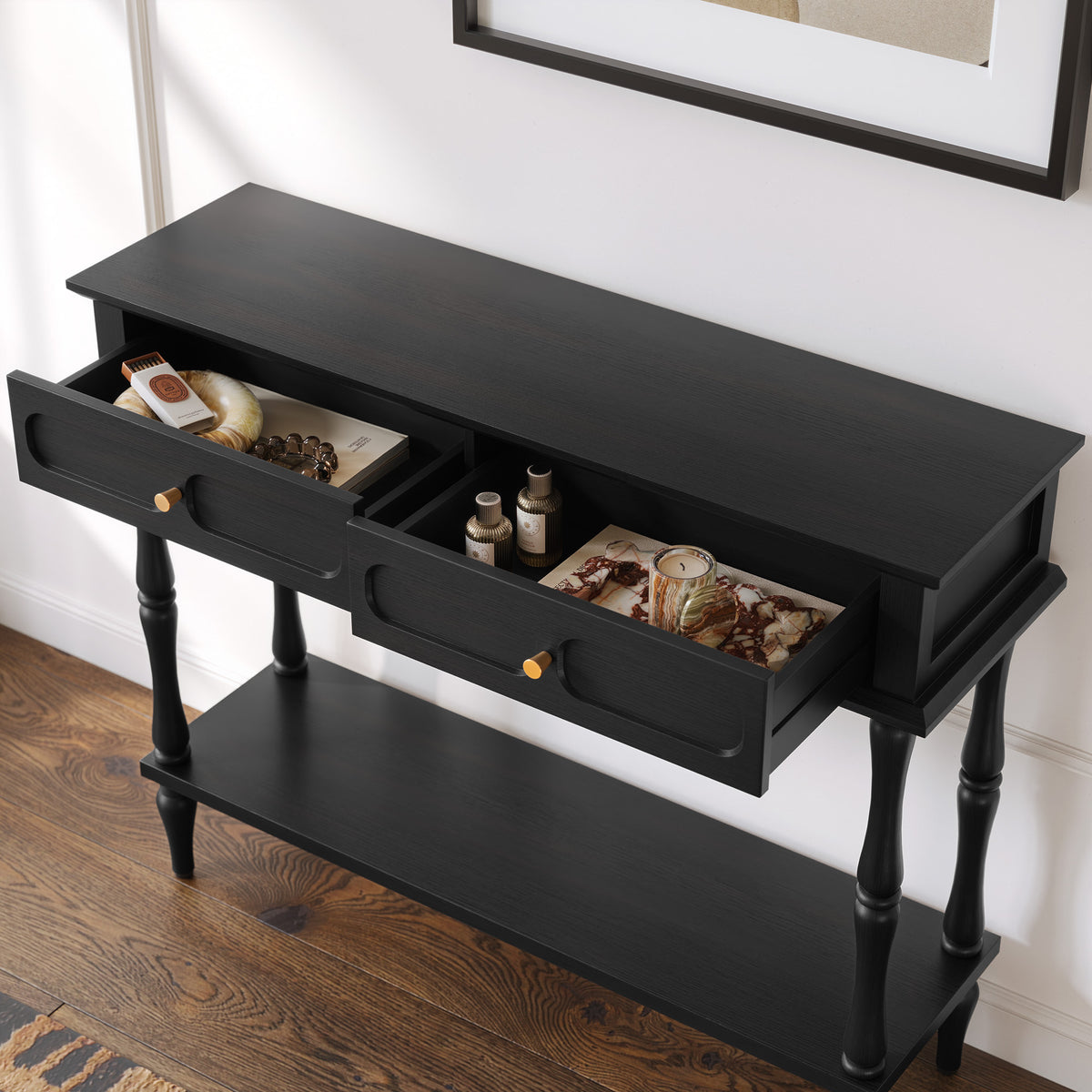 CBJCBJ Minimal Assembly Console Table, Entryway Table with 2 Drawers and Open Shelf, for Living Room, Black