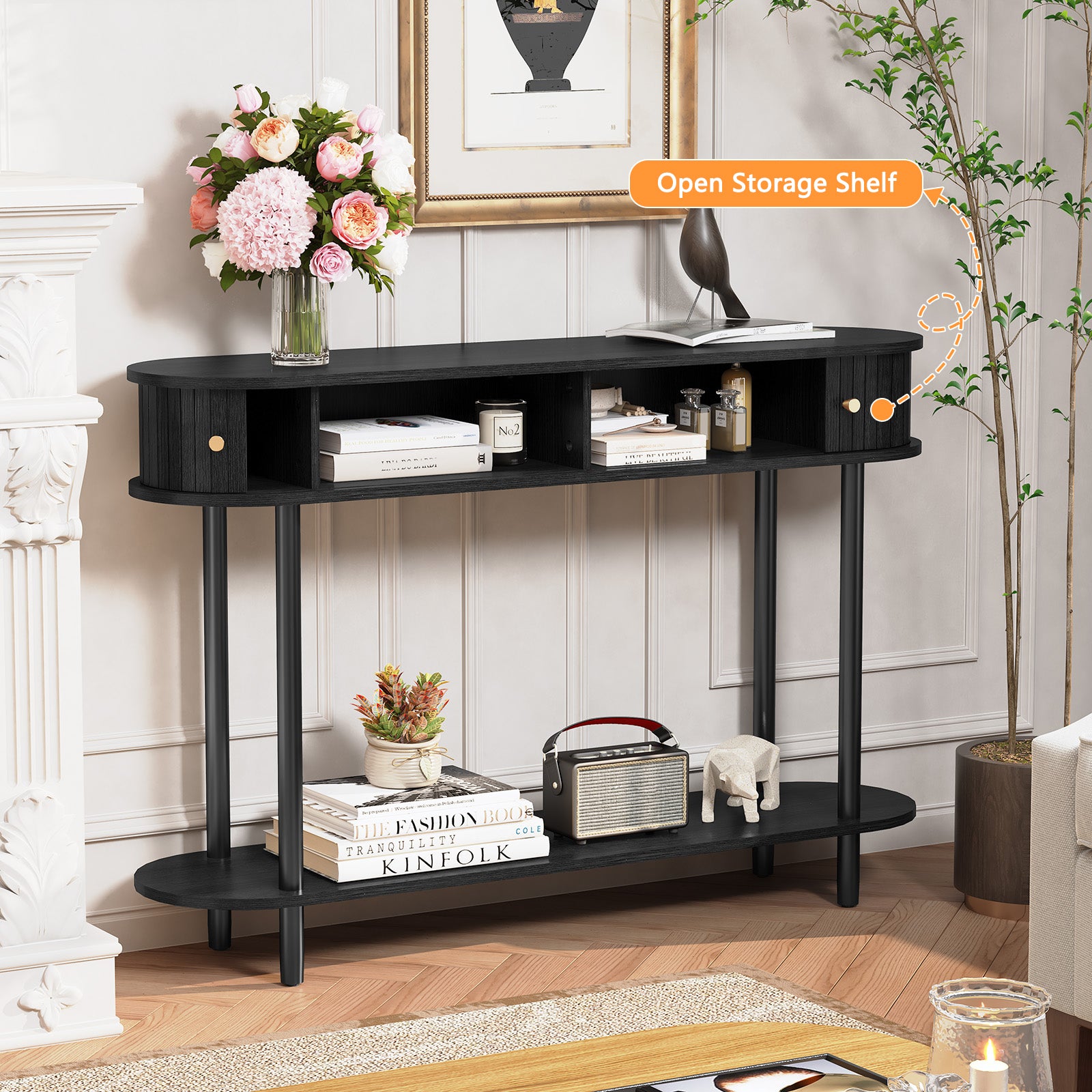 CBJCBJ 47.5" Console Modern Entryway Table with Wood Tambour Door Sofa Console &Storage Shelf for Hallway, Living Room（Black）
