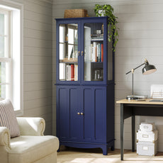 CBJCBJ Modern Bookcase with Storage, Display Cabinet with Glass Doors, Storage Cabinet with Adjustable Shelves,Blue