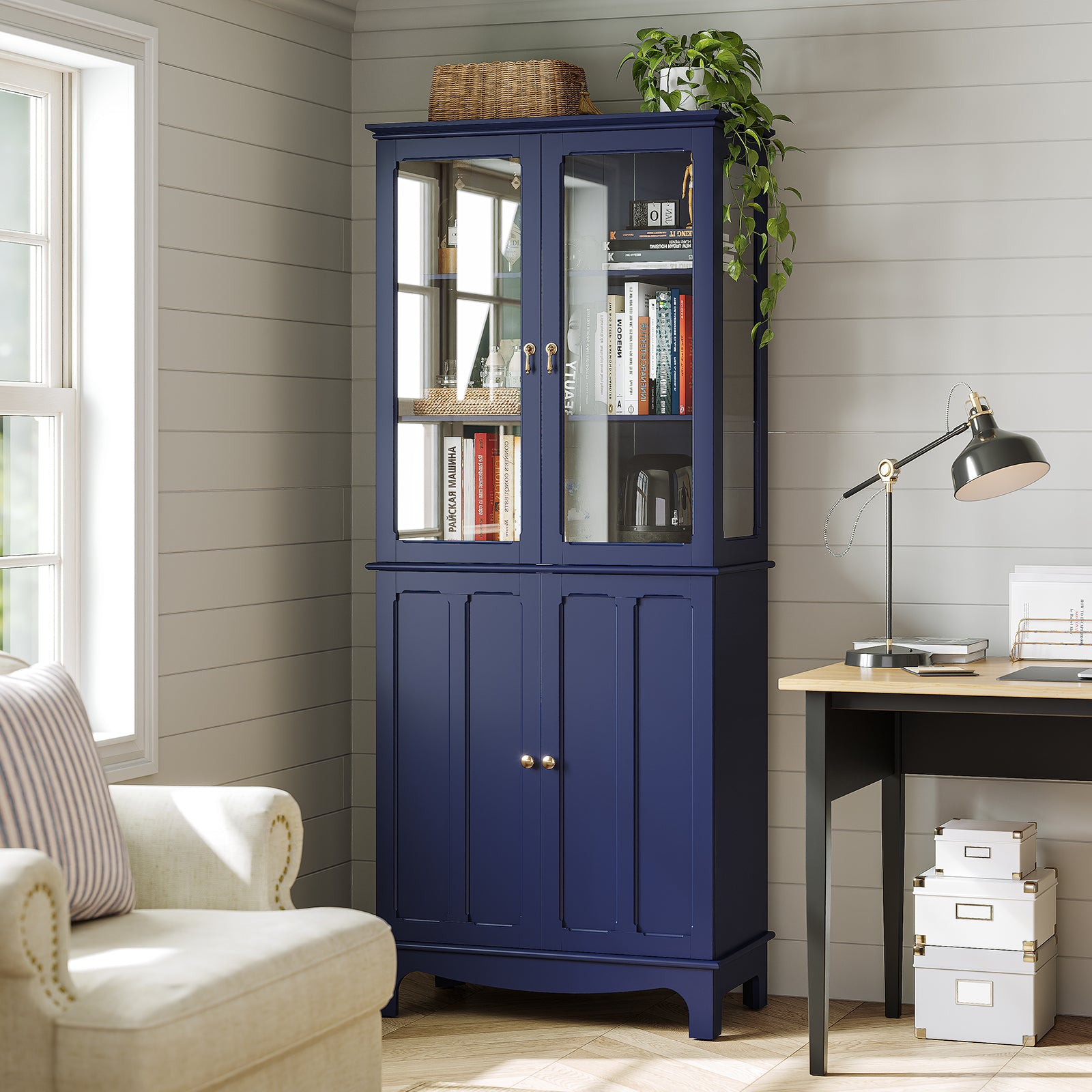 CBJCBJ Modern Bookcase with Storage, Display Cabinet with Glass Doors, Storage Cabinet with Adjustable Shelves,Blue