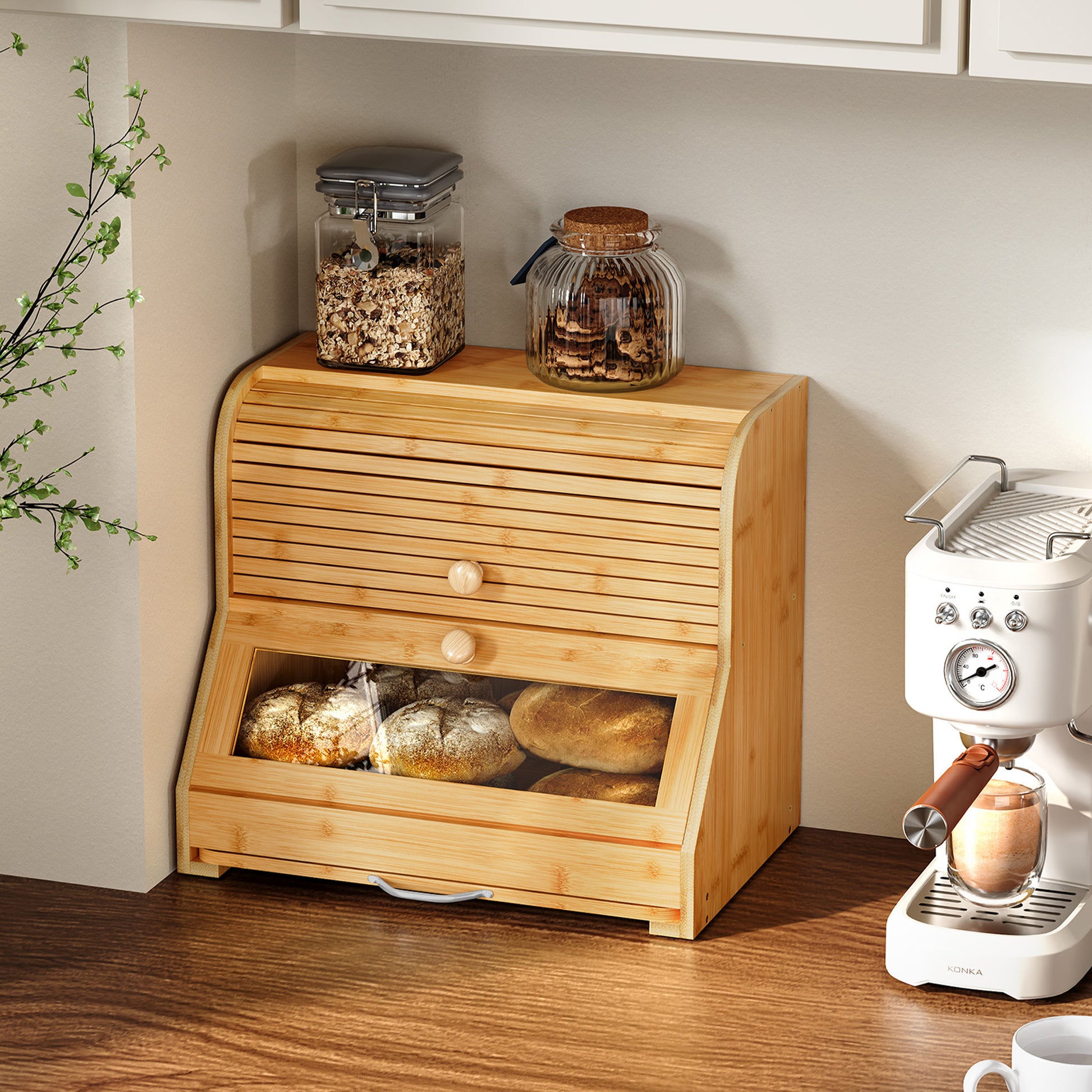 CBJCBJ Natural Bamboo Bread Box with Cutting Board and Roll Top, 2-Tier Large Wood Bread Bin for Kitchen,Wood