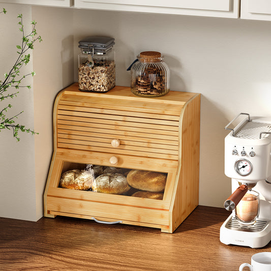 CBJCBJ Natural Bamboo Bread Box with Cutting Board and Roll Top, 2-Tier Large Wood Bread Bin for Kitchen,Wood