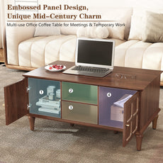 CBJCBJ Mid-Century Coffee Table,Living Room Center Table with 4-Door Storage and Open Storage, Brown