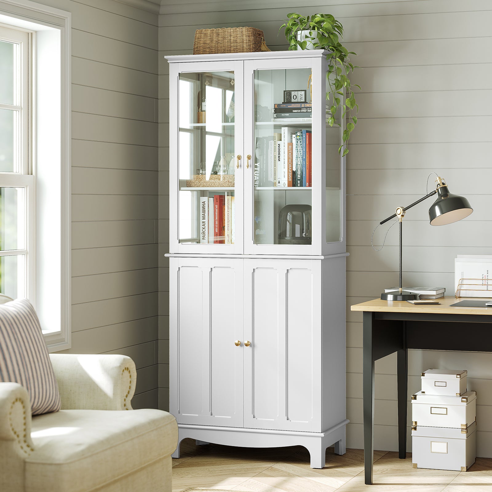 CBJCBJ Modern Bookcase with Storage, Display Cabinet with Glass Doors, Storage Cabinet with Adjustable Shelves,White