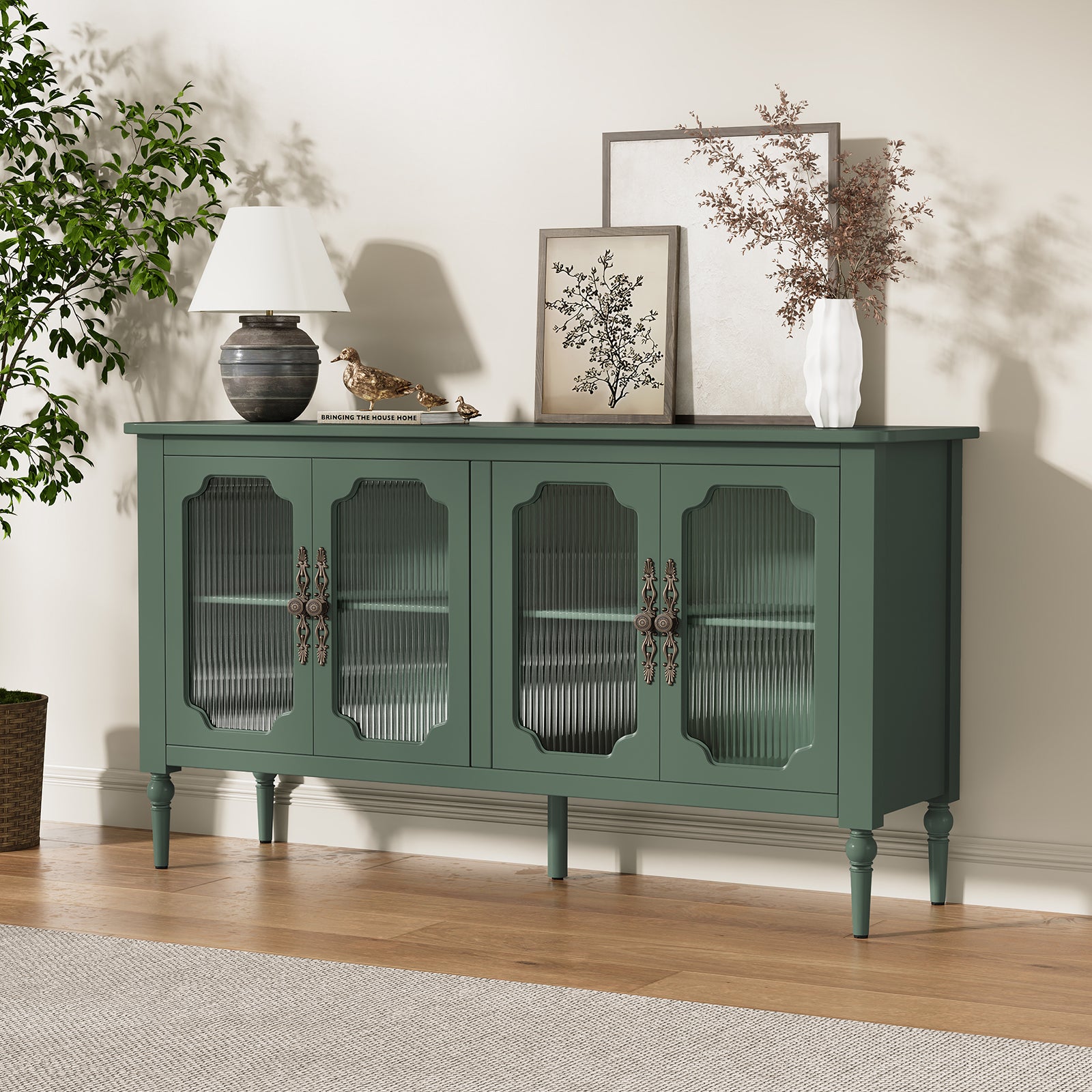 CBJCBJ Retro 58'' Wood Sideboard Buffet Cabinet,Storage Cabinet with Glass Doors for Living Dining & Bedroom,Green