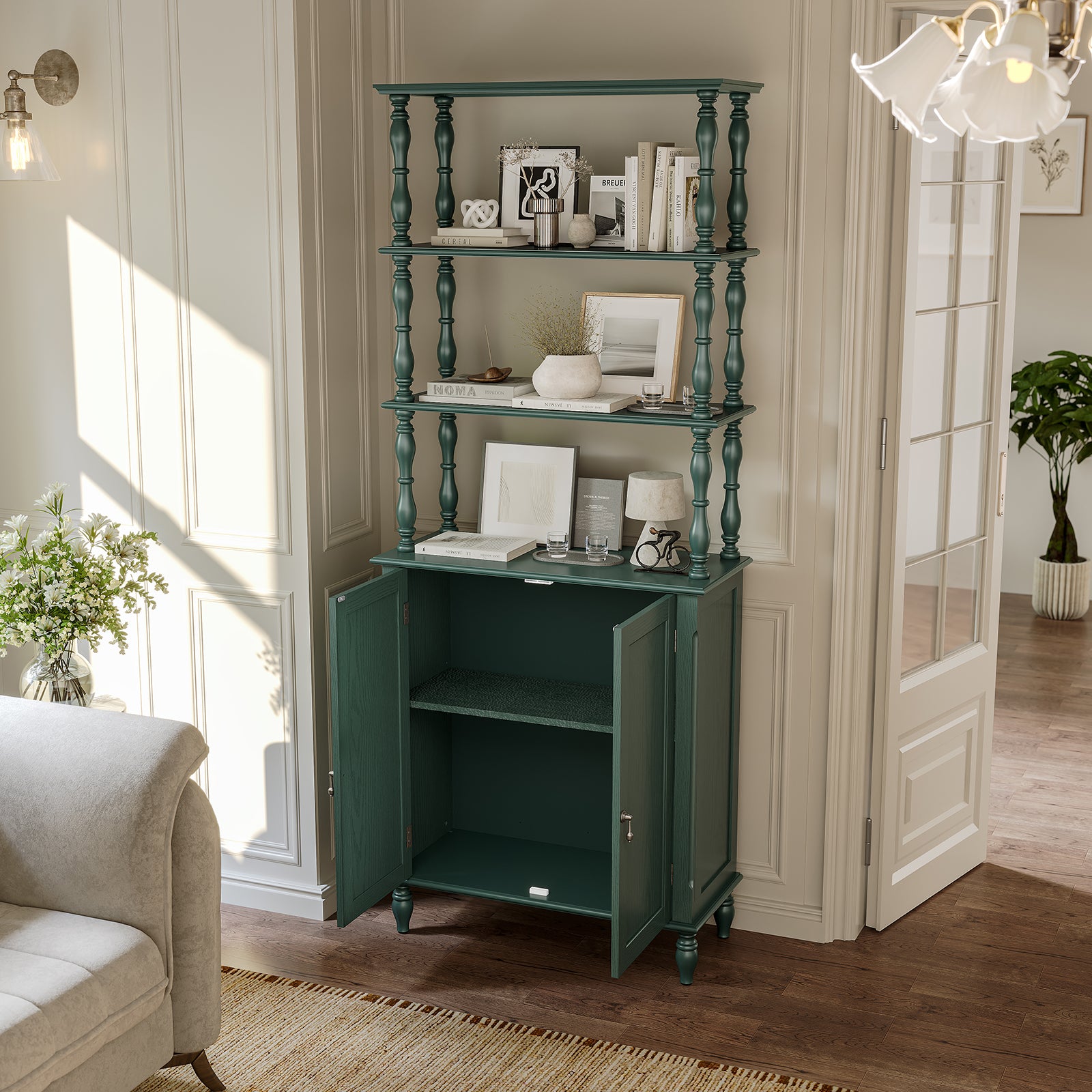 CBJCBJ 77.5" Retro Bookcase with Storage Cabinet and Removable Display Shelf, Suitable for Living Room, Study Room,Green