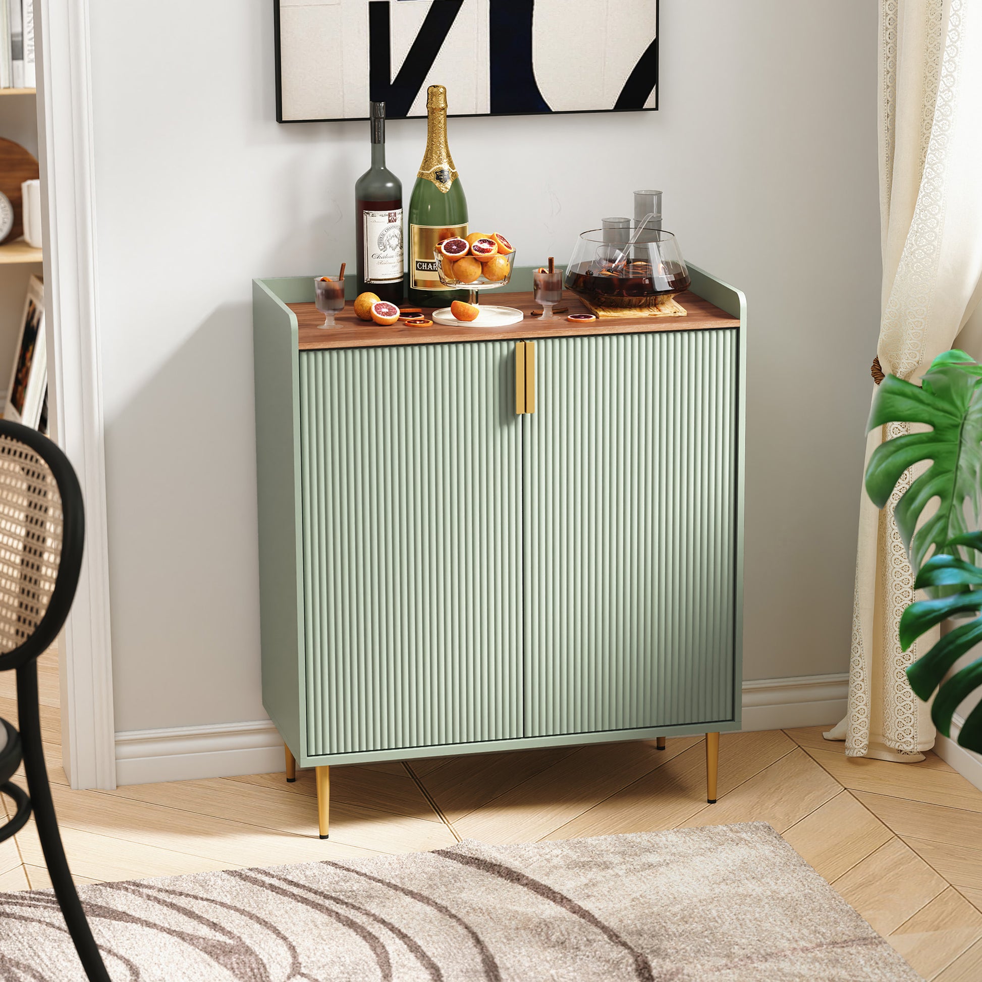 HLR 32"W Wine Bar Cabinet with 2 Door Fluted Texture, Modern Coffee Cabinet with Rack&Glass Holder,Sage Green