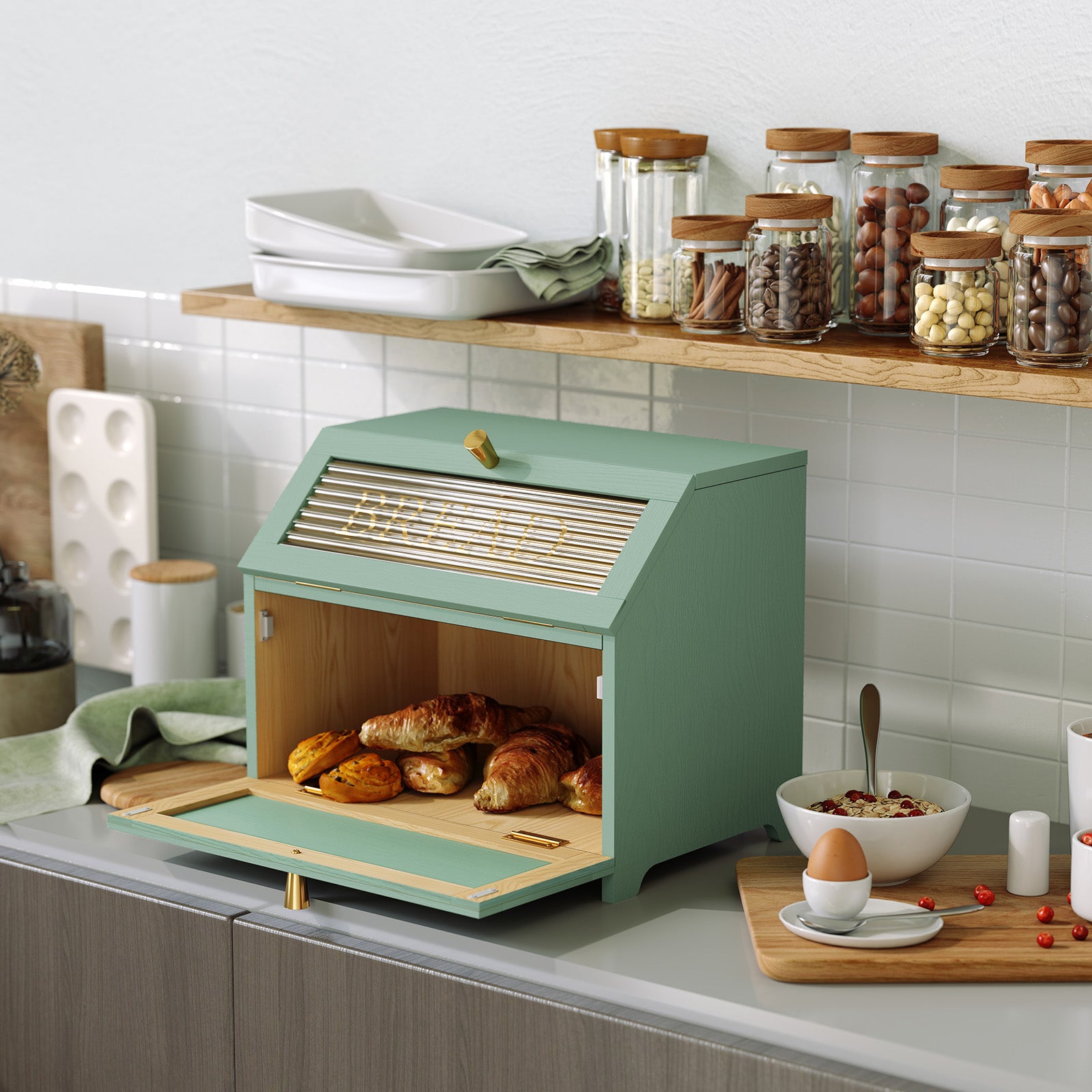 CBJCBJ 15.1" Gold-Trimmed Wooden Bread Box, Double Layer Kitchen Counter Organizer, Vintage Farmhouse Storage