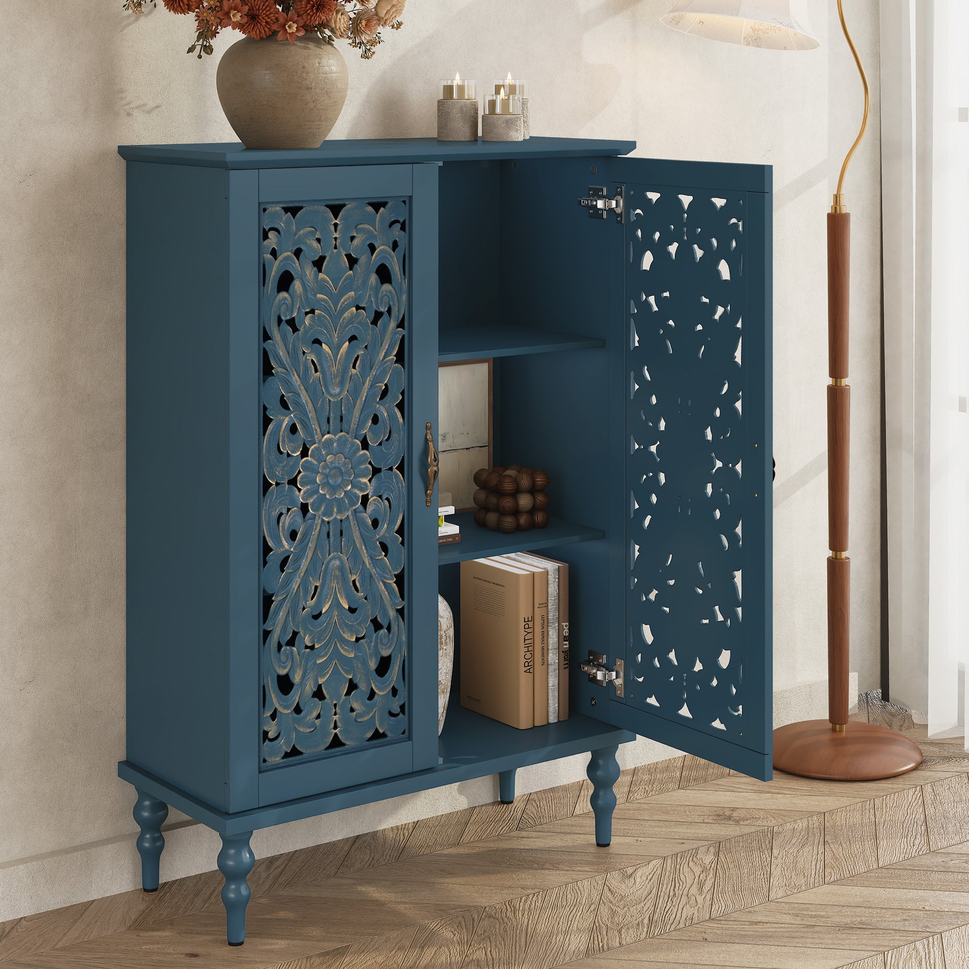 HLR Buffet Cabinet with Storage Accent Sideboard, Modern Hollow 2 Doors Credenza for Dining Room, Blue