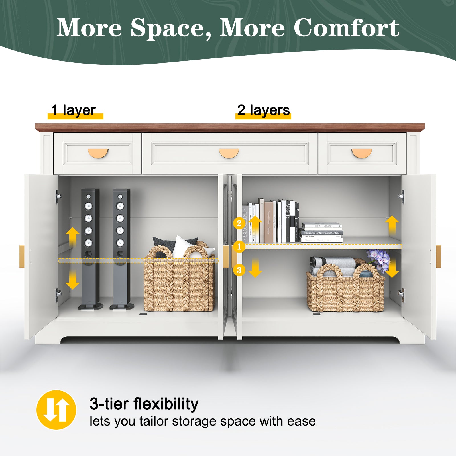 CBJCBJ Modern 60" Large Sideboard Storage Cabinet with Drawers, Farmhouse Wooden Coffee Bar