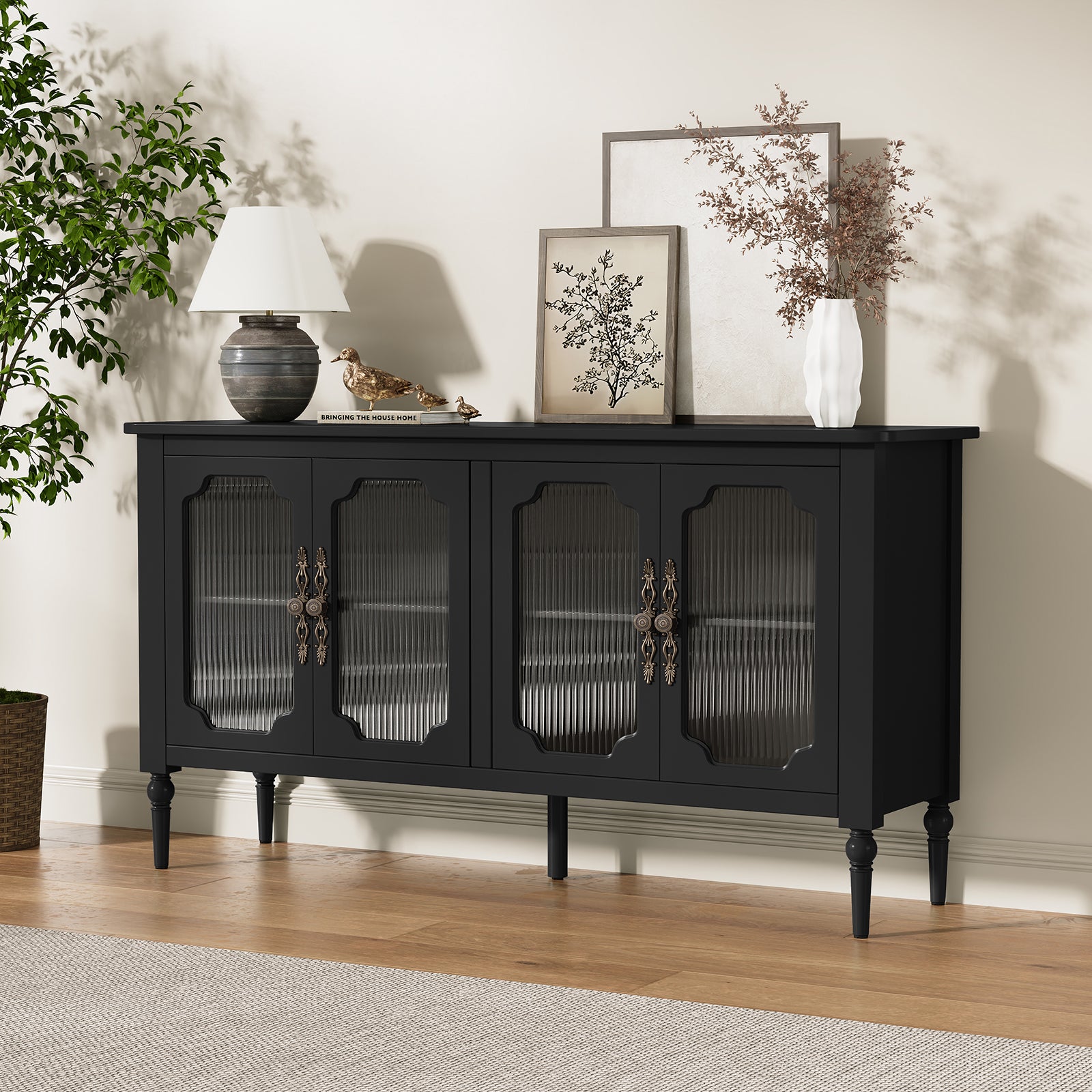 CBJCBJ Retro 58'' Wood Sideboard Buffet Cabinet,Storage Cabinet with Glass Doors for Living Dining & Bedroom,Black