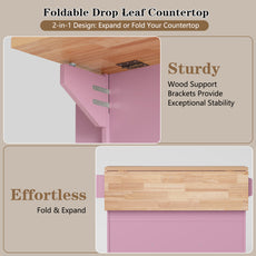 HLR 51.7" W Rolling Kitchen Islands Cart, Adjustable Shelves, Breakfast Bar, Storage Cabinets,Pink