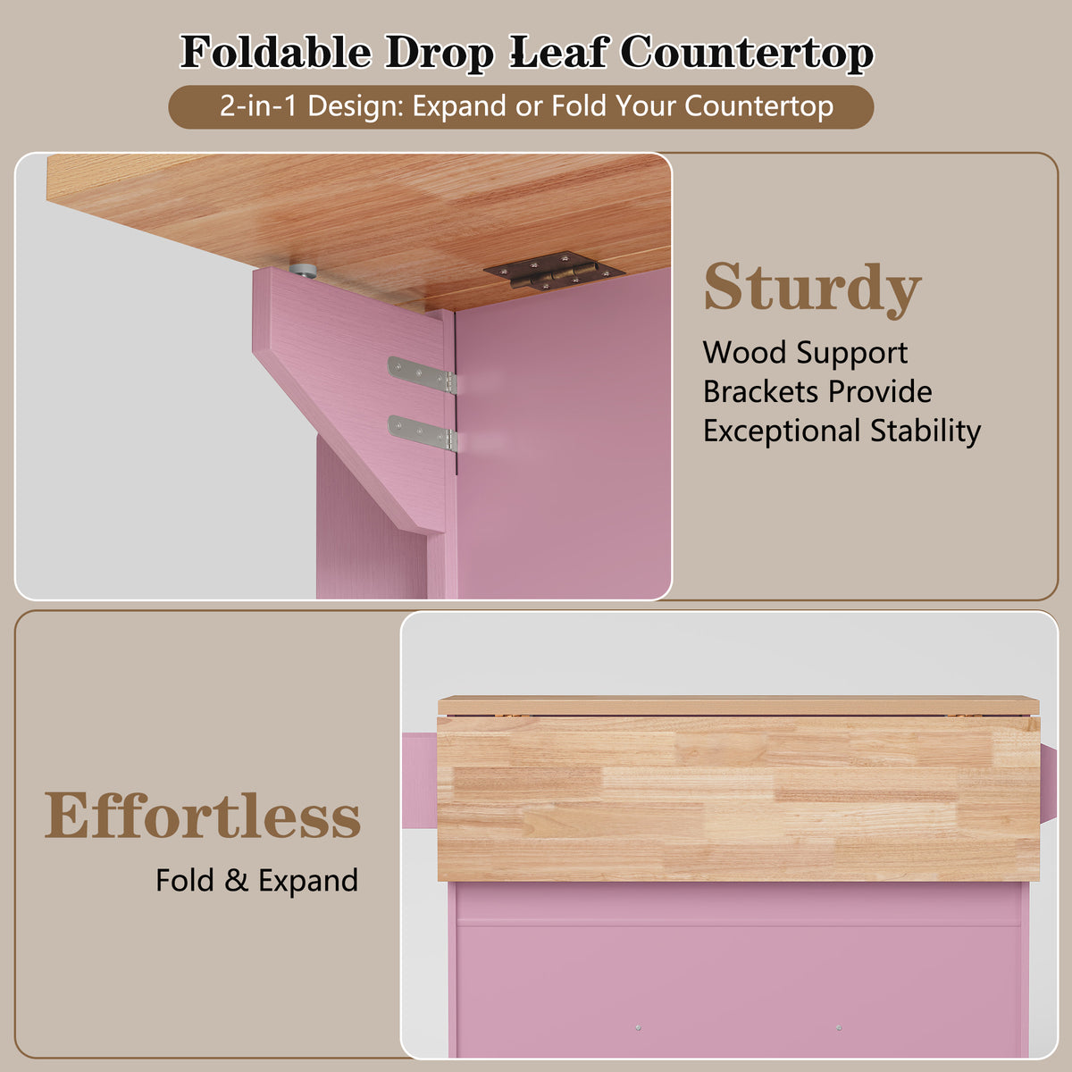 HLR 51.7" W Rolling Kitchen Islands Cart, Adjustable Shelves, Breakfast Bar, Storage Cabinets,Pink