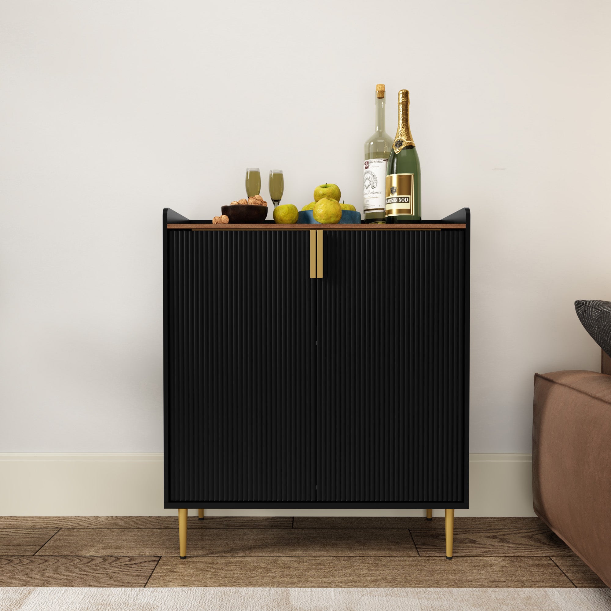 HLR 32"W Wine Bar Cabinet with 2 Door Fluted Texture, Modern Coffee Cabinet with Rack&Glass Holder, Black.