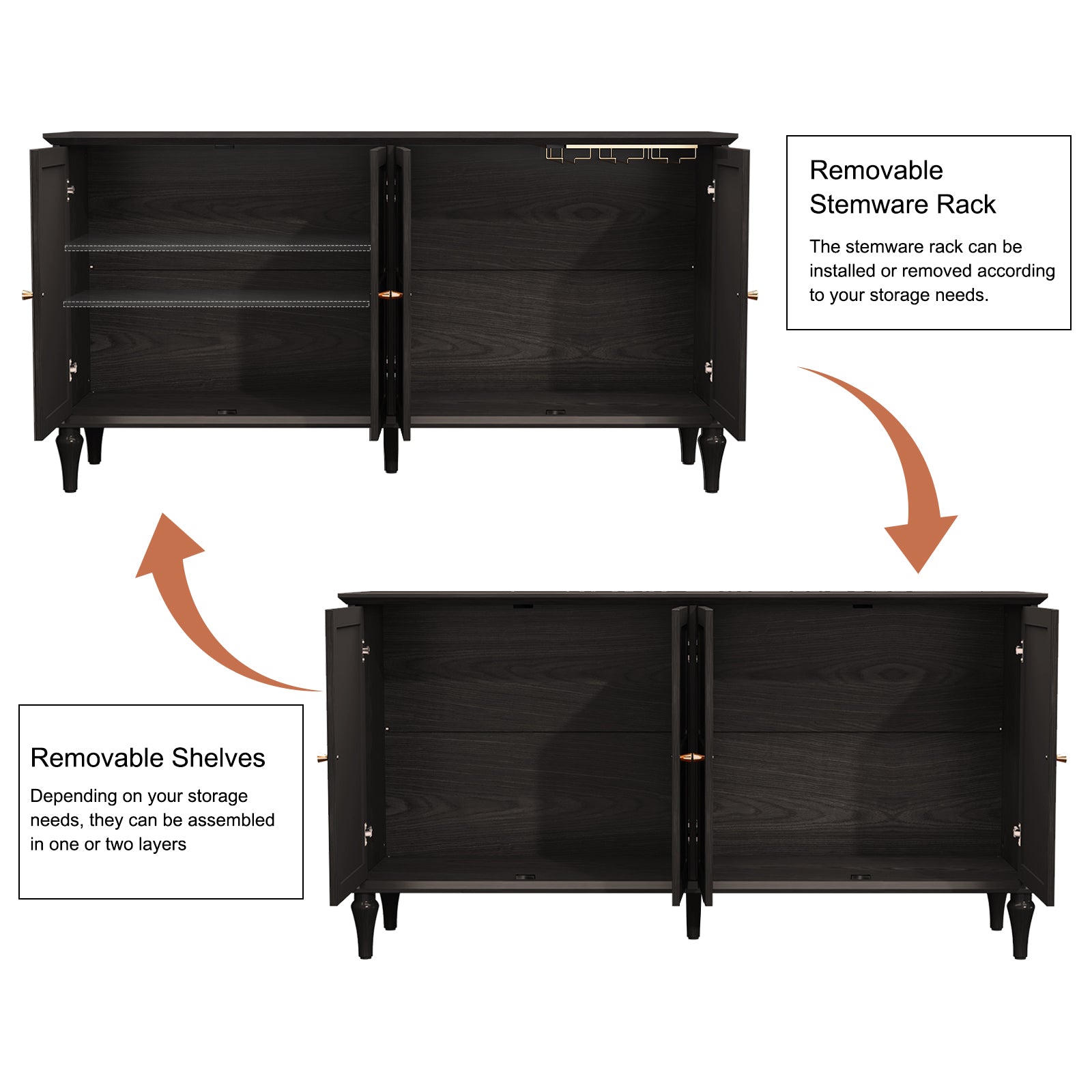 CBJCBJ Mid-Century 58'' Wood 4 Door Sideboard Buffet Cabinet for Living Dining & Bedroom (Black)