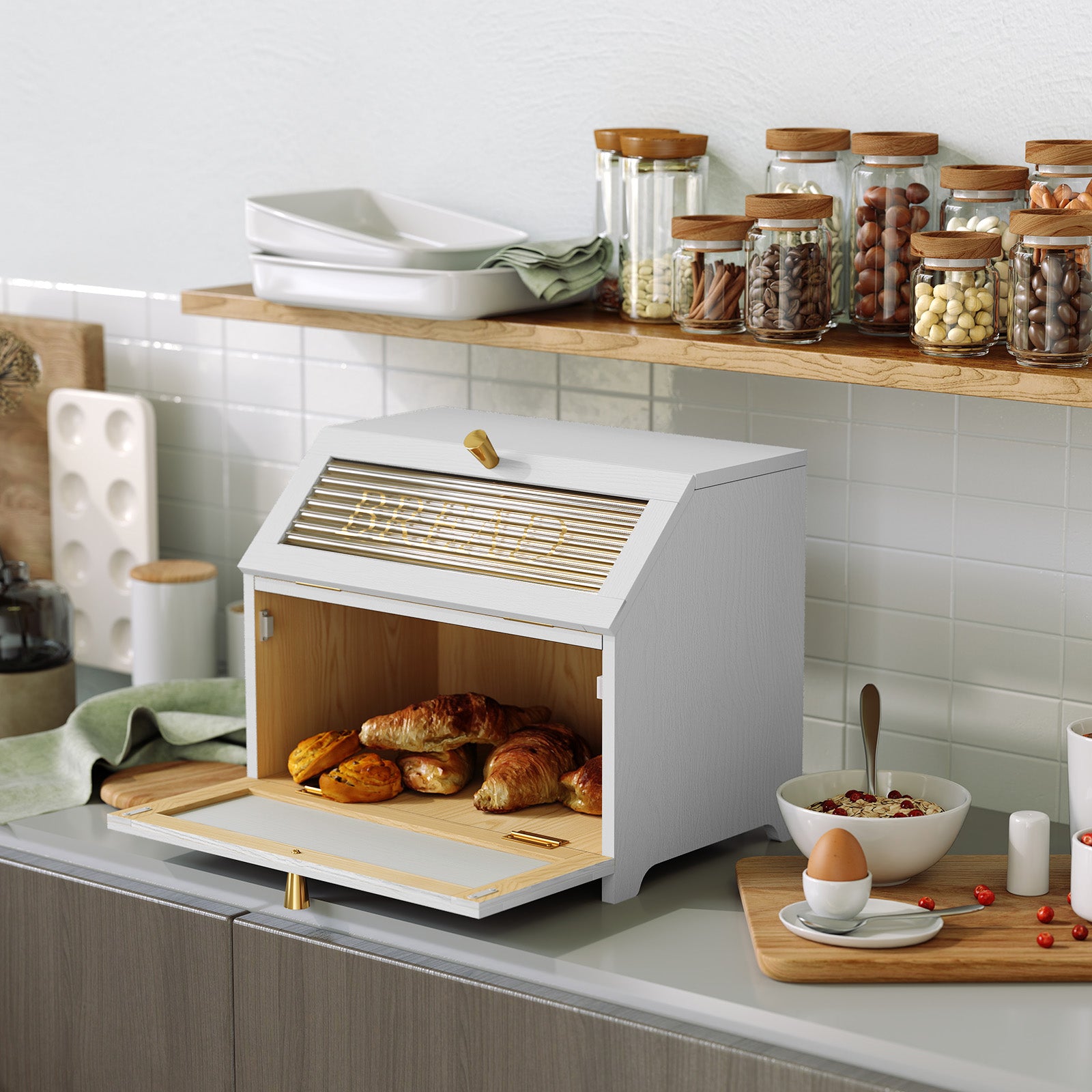 CBJCBJ 15.1" Gold-Trimmed Wooden Bread Box, Double Layer Kitchen Counter Organizer, Vintage Farmhouse Storage